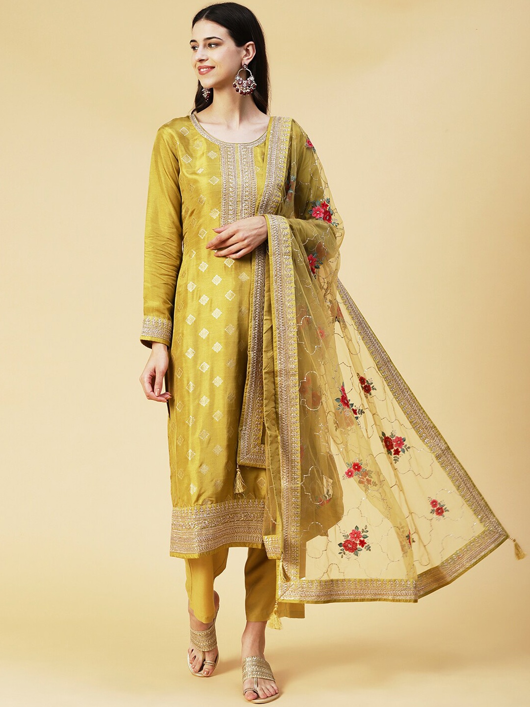 

FASHOR Ethnic Motifs Embroidered Kurta with Trousers & With Dupatta, Mustard