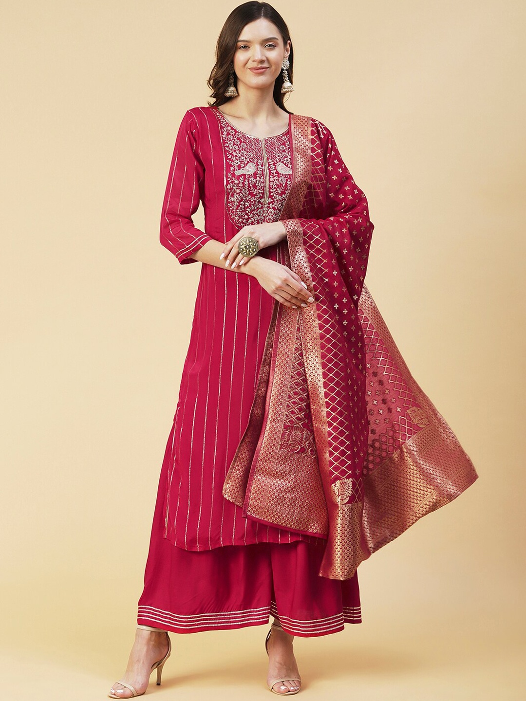 

FASHOR Floral Embroidered Thread Work Kurta with Sharara & Dupatta, Red