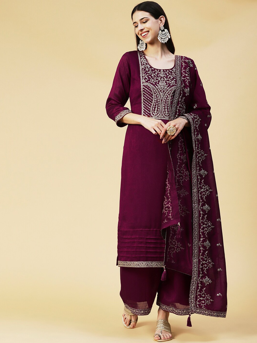 

FASHOR Ethnic Motifs Embroidered Kurta with Palazzos & With Dupatta, Burgundy