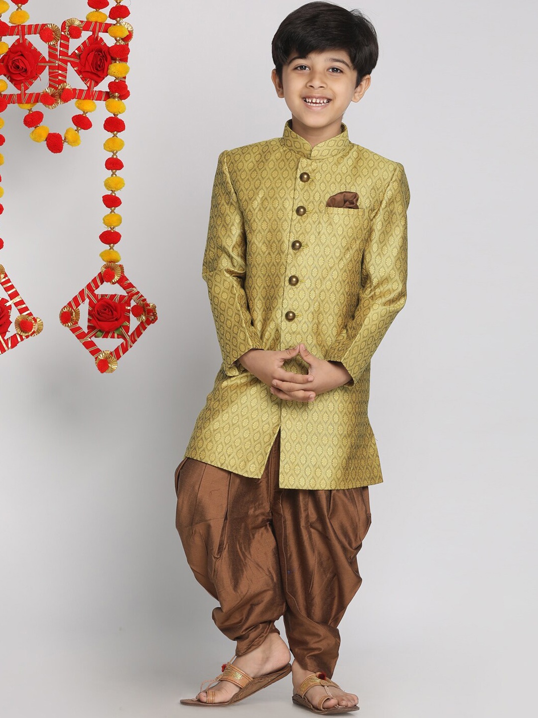 

VASTRAMAY Boys Printed Indowestern Sherwani & Cowl Dhoti Pant Set, Mustard