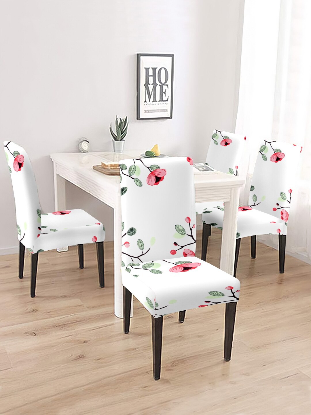 

Cortina 4 Pieces White & Green Floral Printed Non-Slip Chair Covers