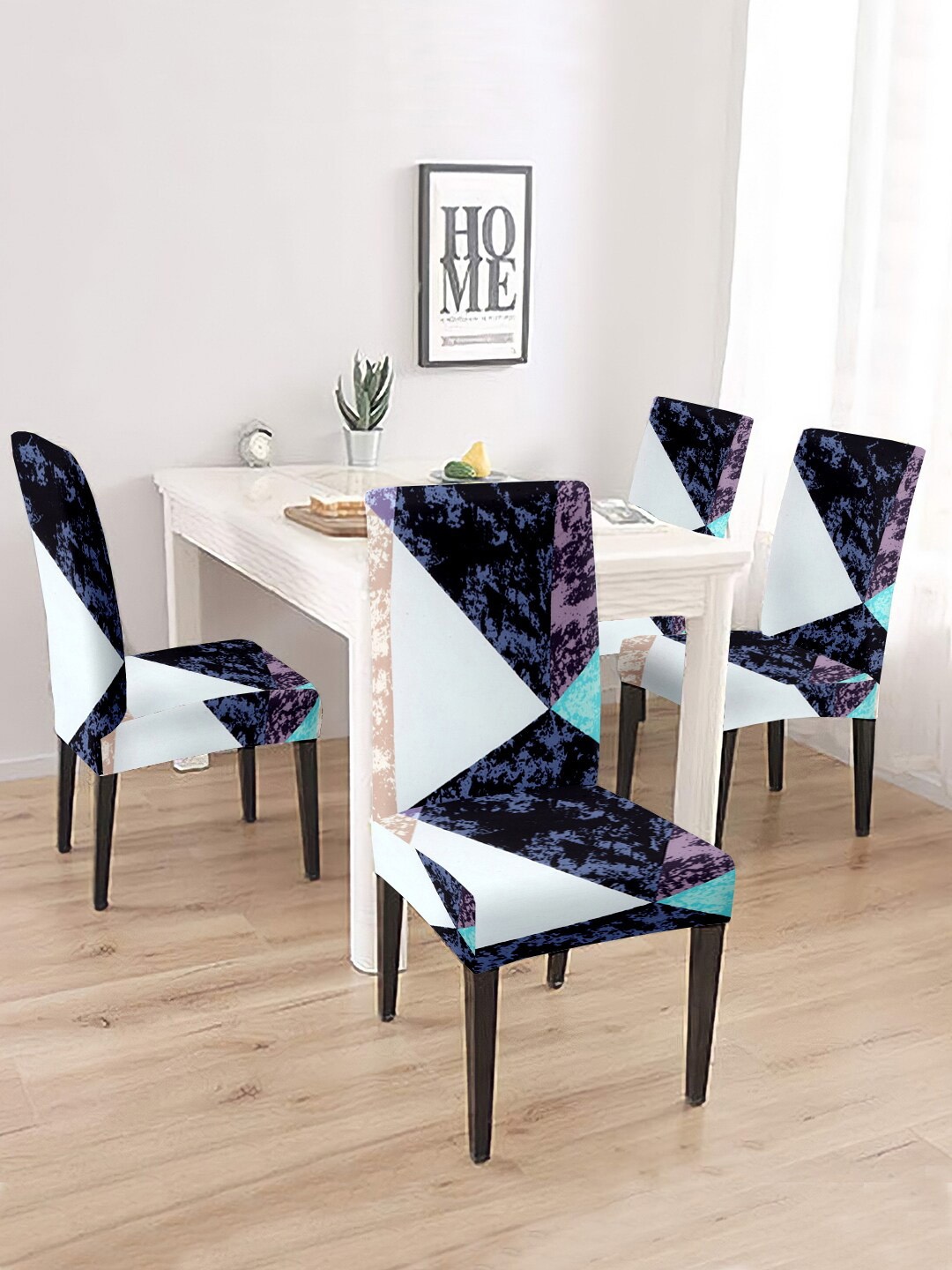 

Cortina 4 Pieces White & Blue Geometric Printed Non-Slip Chair Covers