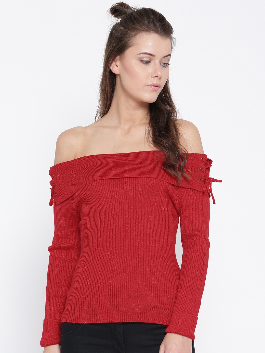 

Deal Jeans Women Red Solid Bardot Top