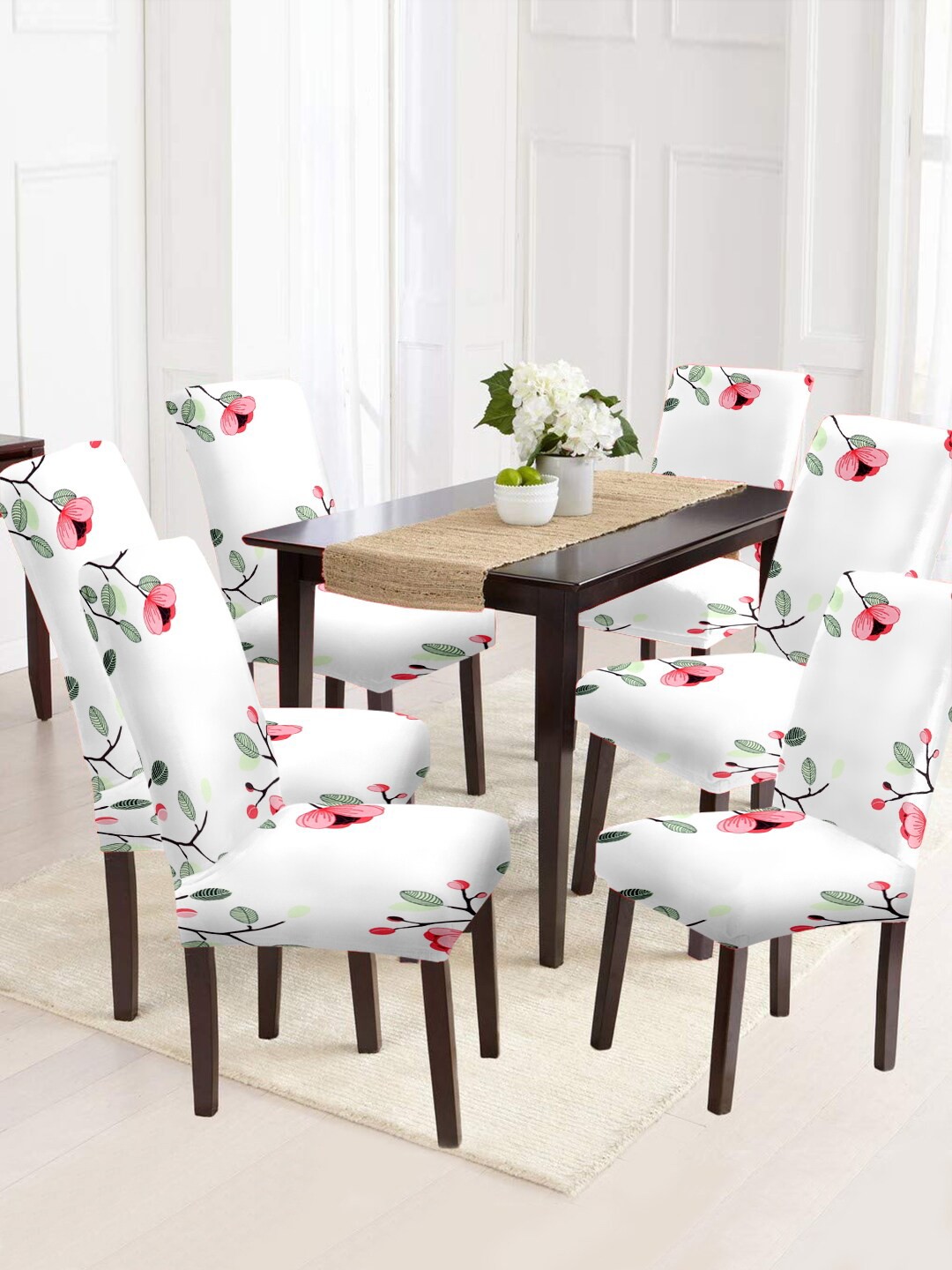 

Cortina 6 Pieces White & Green Floral Printed Non-Slip Chair Covers