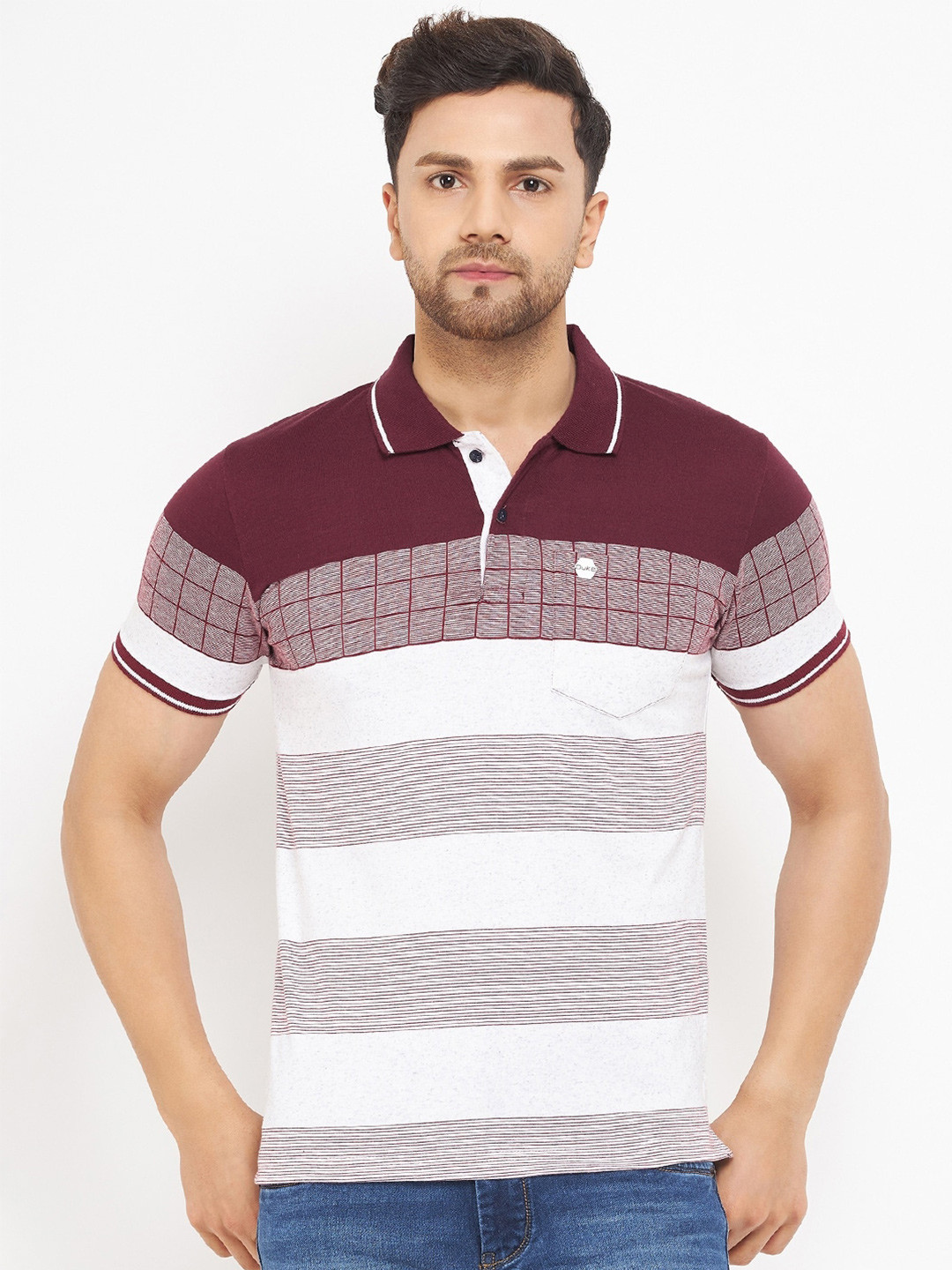 

Duke Men Striped Polo Collar Cotton T-shirt, Maroon