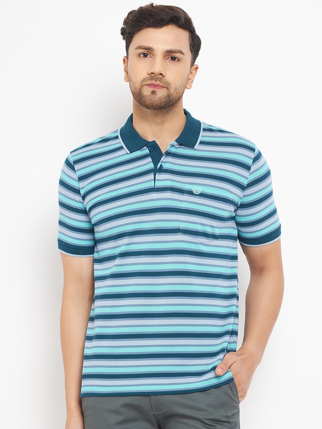 

Duke Men Striped Polo Collar Cotton T-shirt, Blue