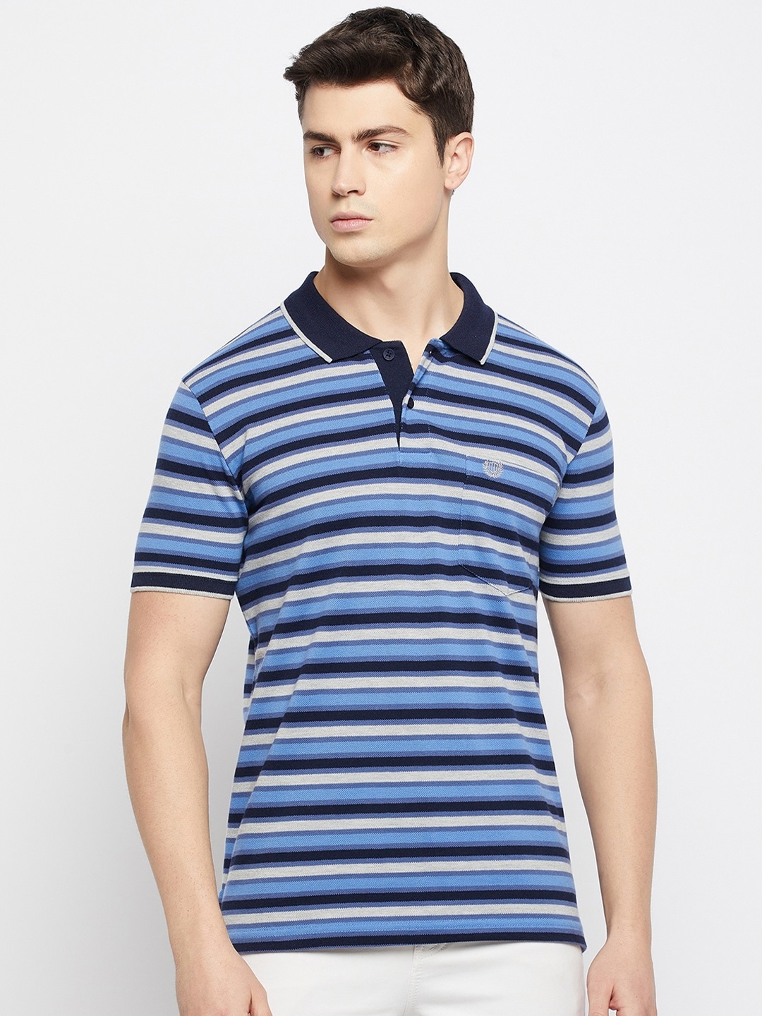 

Duke Men Striped Polo Collar Cotton T-shirt, Blue