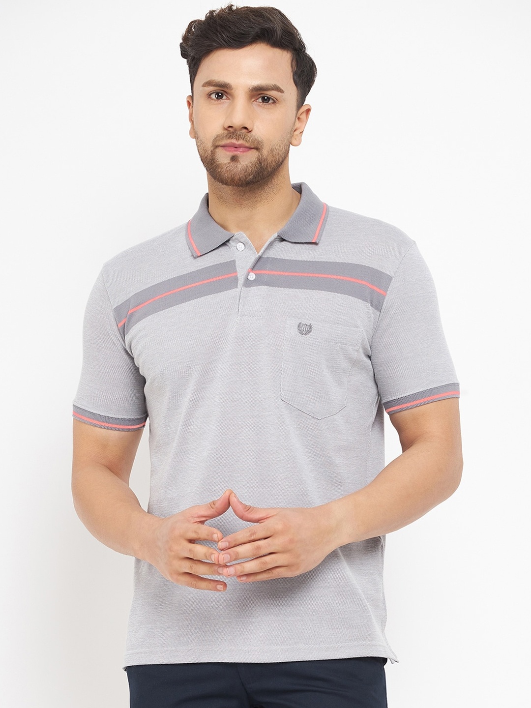 

Duke Men Striped Polo Collar Slim Fit Cotton T-shirt, Grey