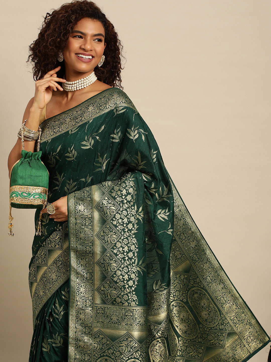 

APPLIX STYLE Woven Design Ethnic Motifs Zari Pure Silk Banarasi Saree, Green