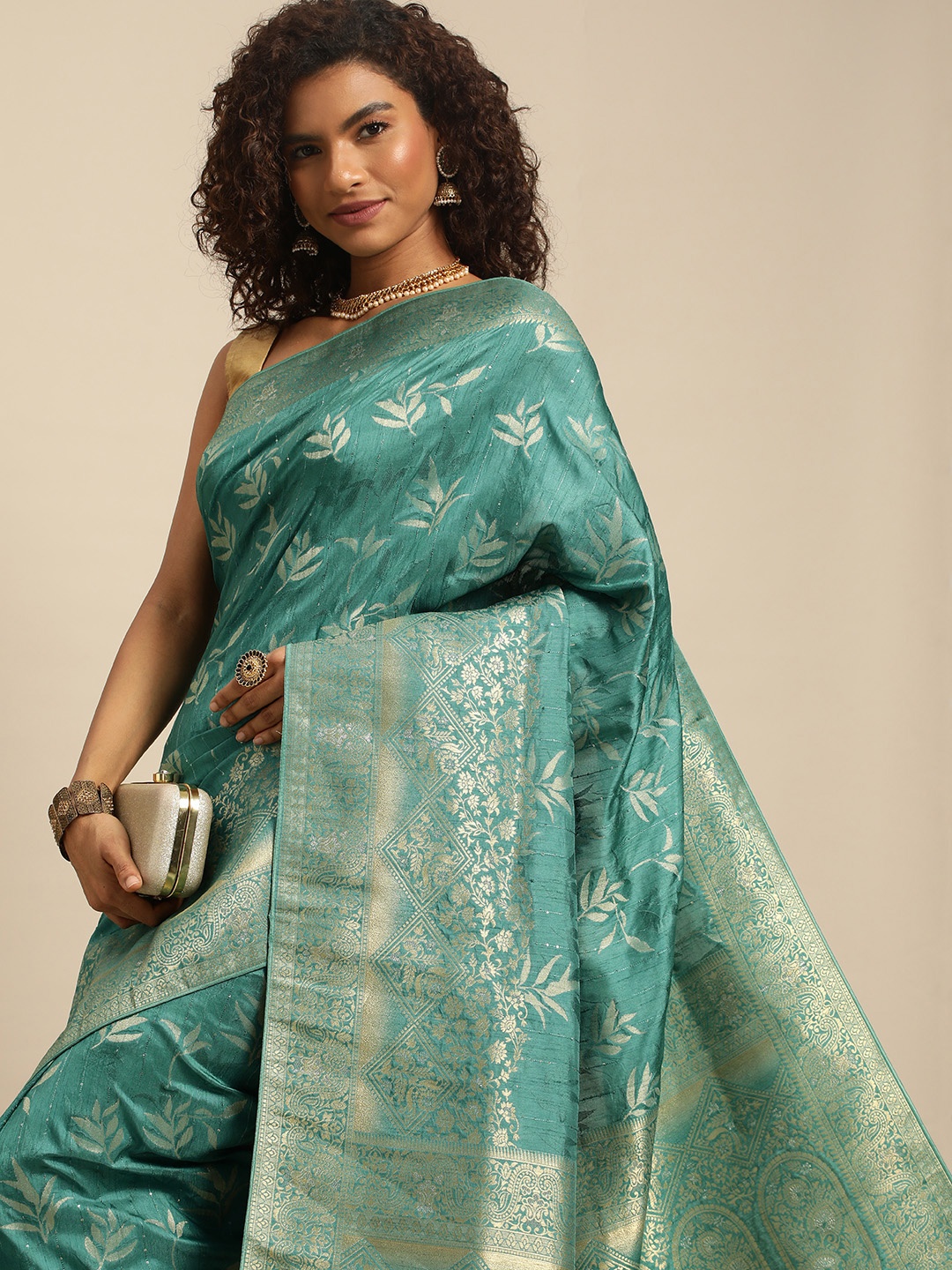 

APPLIX STYLE Woven Design Ethnic Motifs Zari Pure Silk Banarasi Saree, Teal