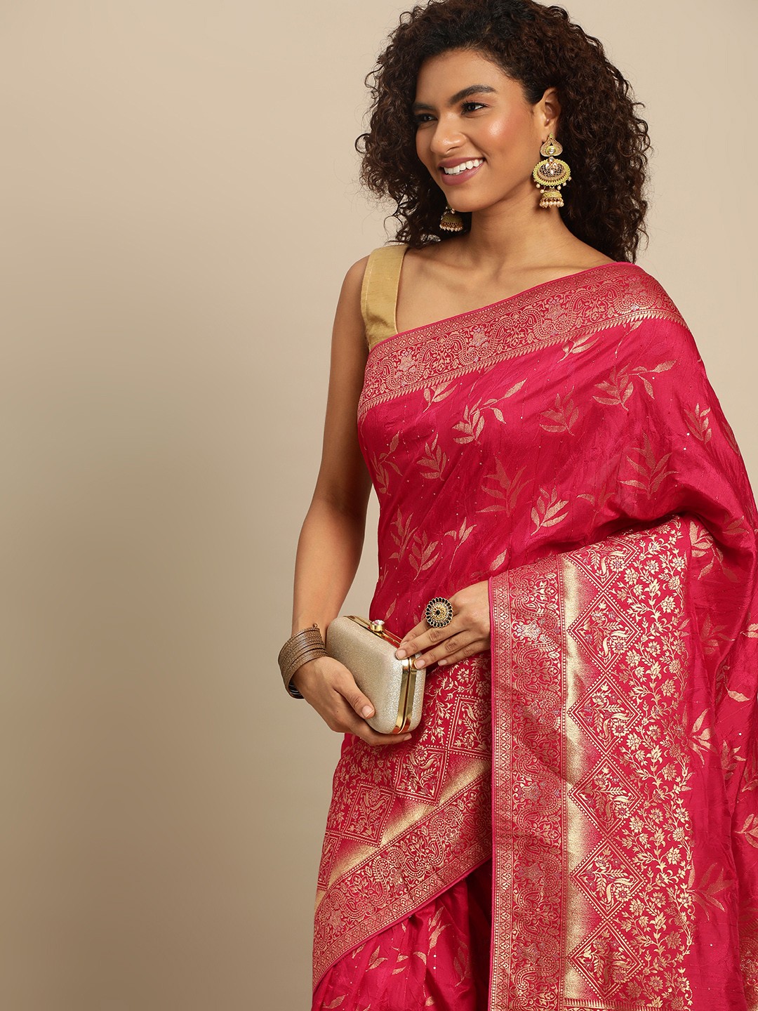 

APPLIX STYLE Woven Design Ethnic Motifs Zari Pure Silk Banarasi Saree, Pink