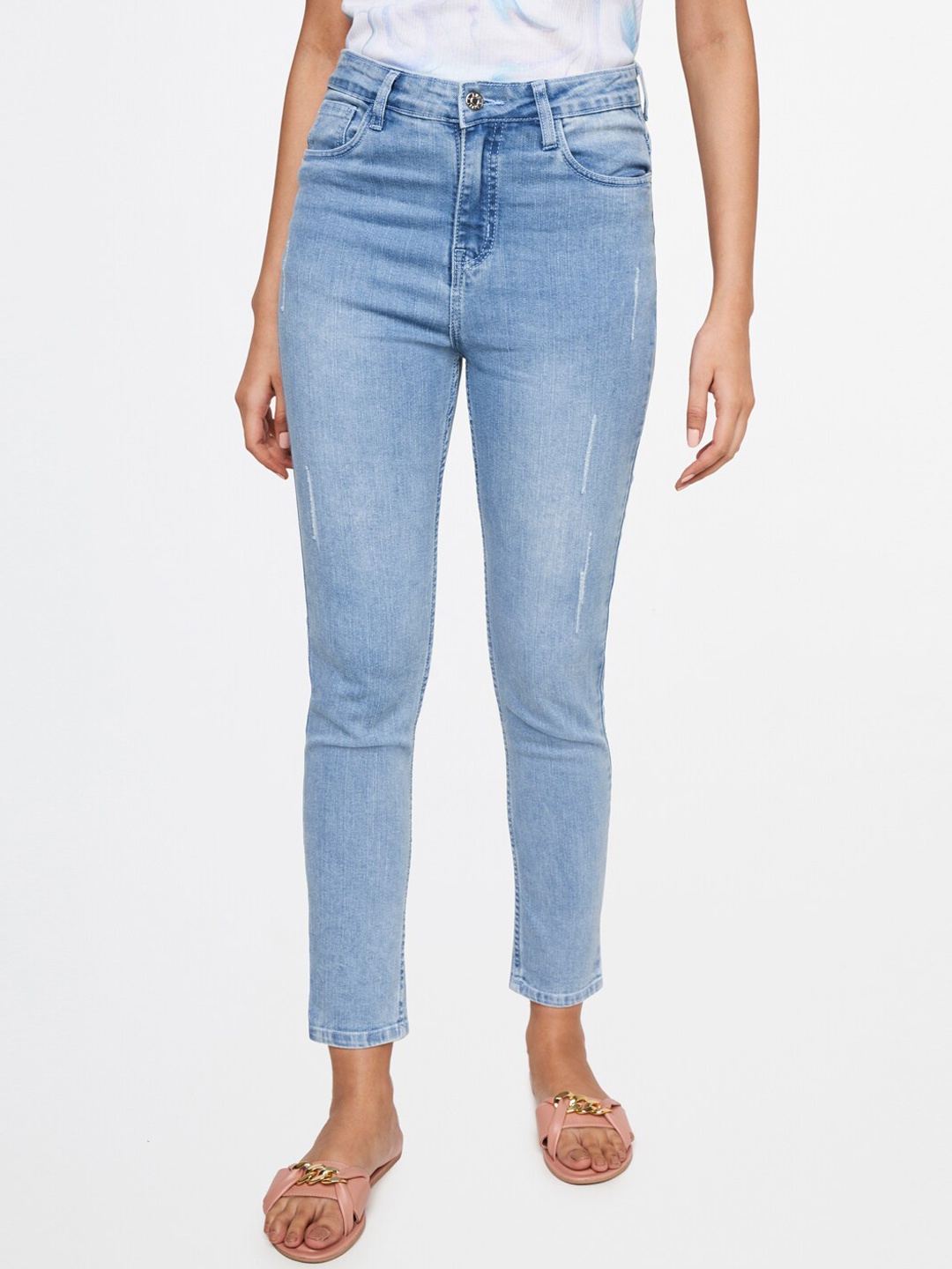 

AND Women Slim Fit Mildly Distressed Stretchable Jeans, Blue