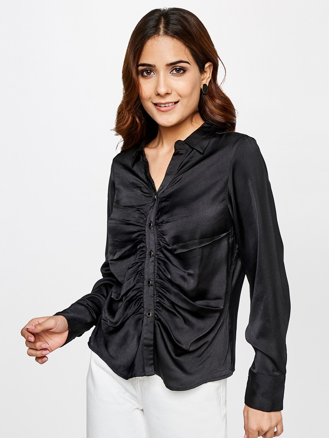 

AND Cuffed Sleeves Shirt Style Top, Black