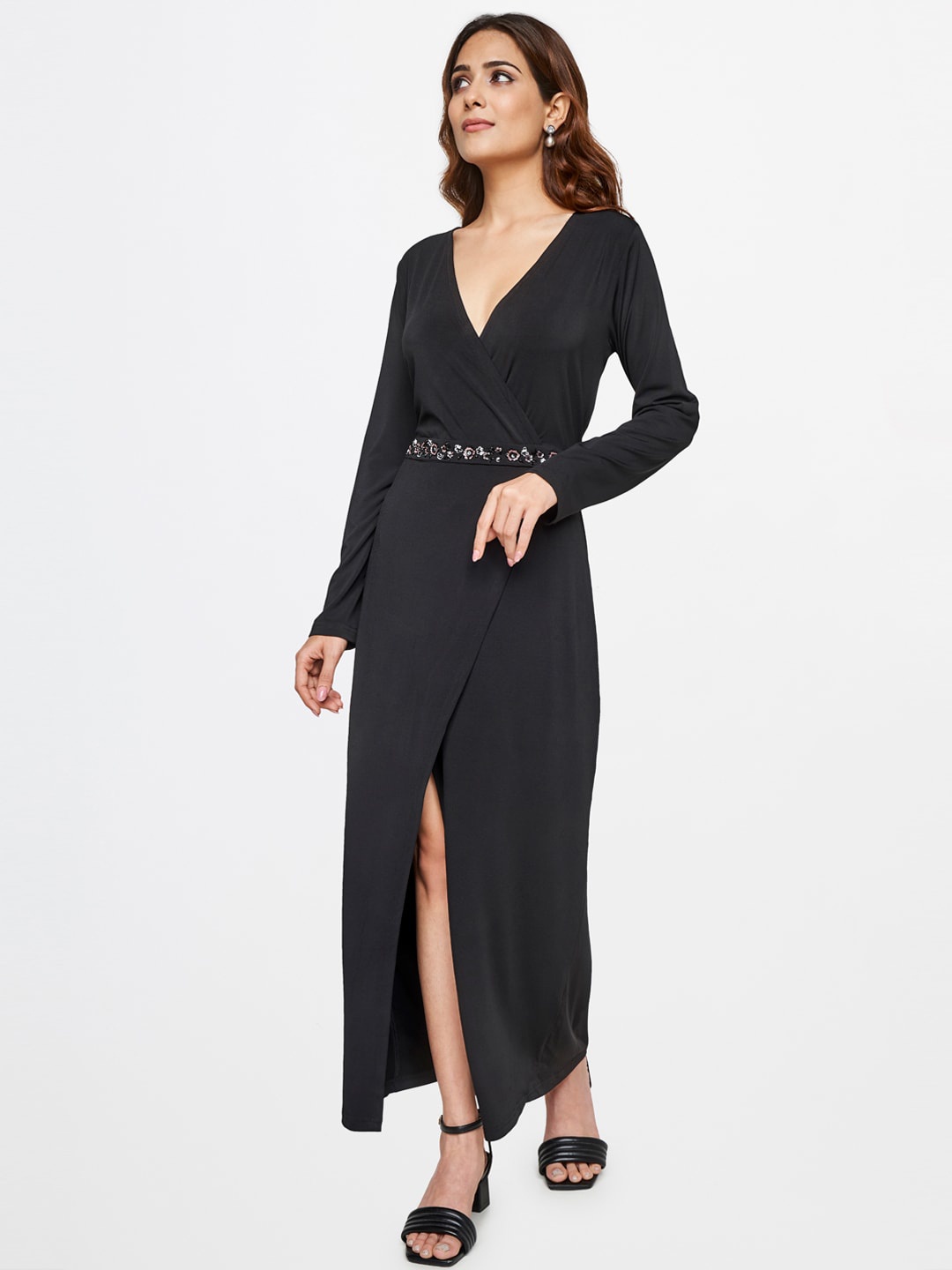 

AND Embellished Wrap Maxi Dress, Black