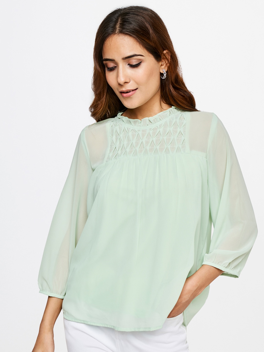 

AND High Neck Puff Sleeves Empire Top, Sea green