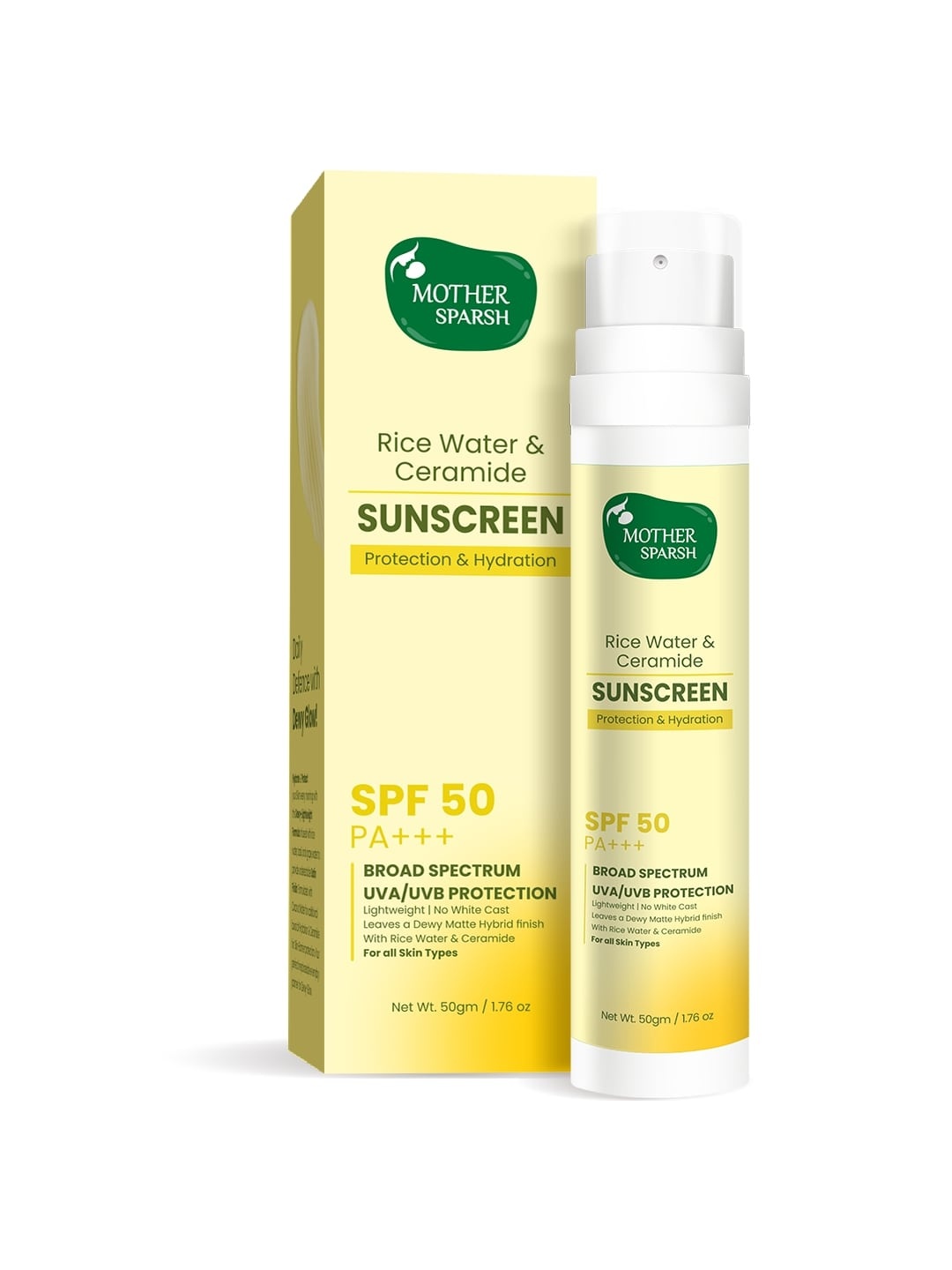 

Mother Sparsh All Weather Sunscreen SPF50 PA+++ with Rice Water & Ceramide - 50g, Yellow