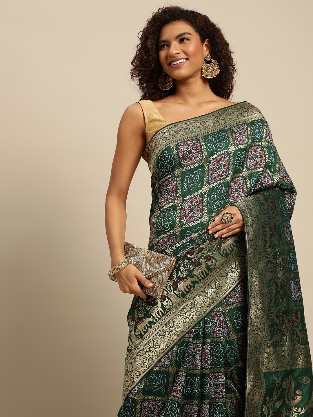 

APPLIX STYLE Woven Design Ethnic Motifs Zari Pure Silk Banarasi Saree, Green