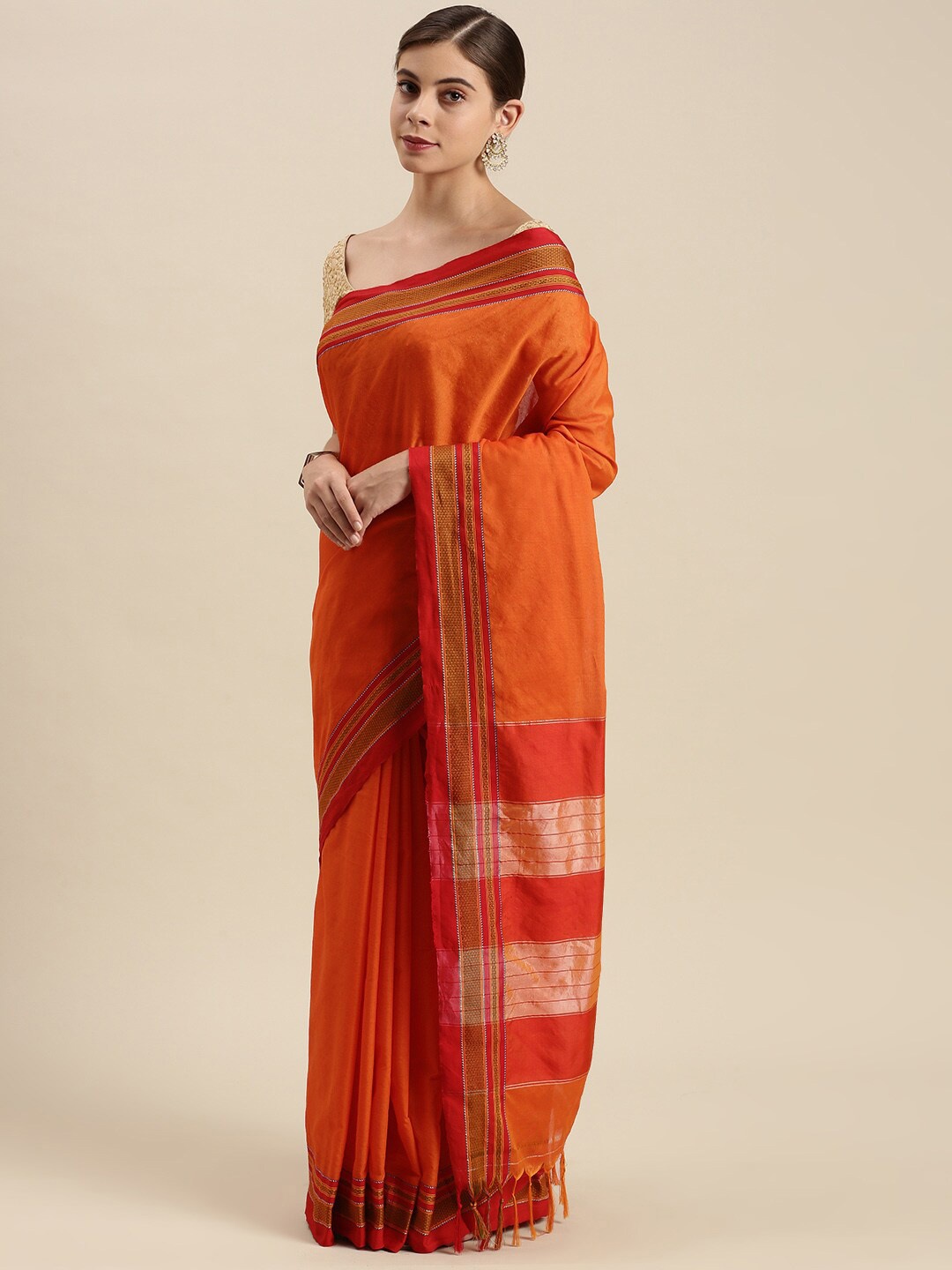 

Pavechas Zari Pure Cotton Paithani Saree, Orange