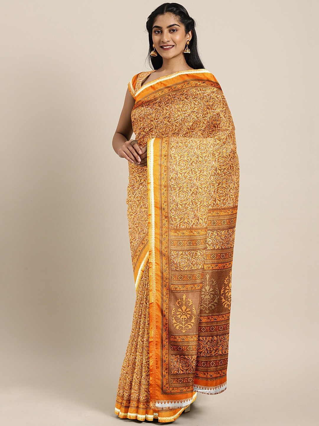 

Pavechas Ethnic Motifs Printed Saree With Blouse Piece, Yellow