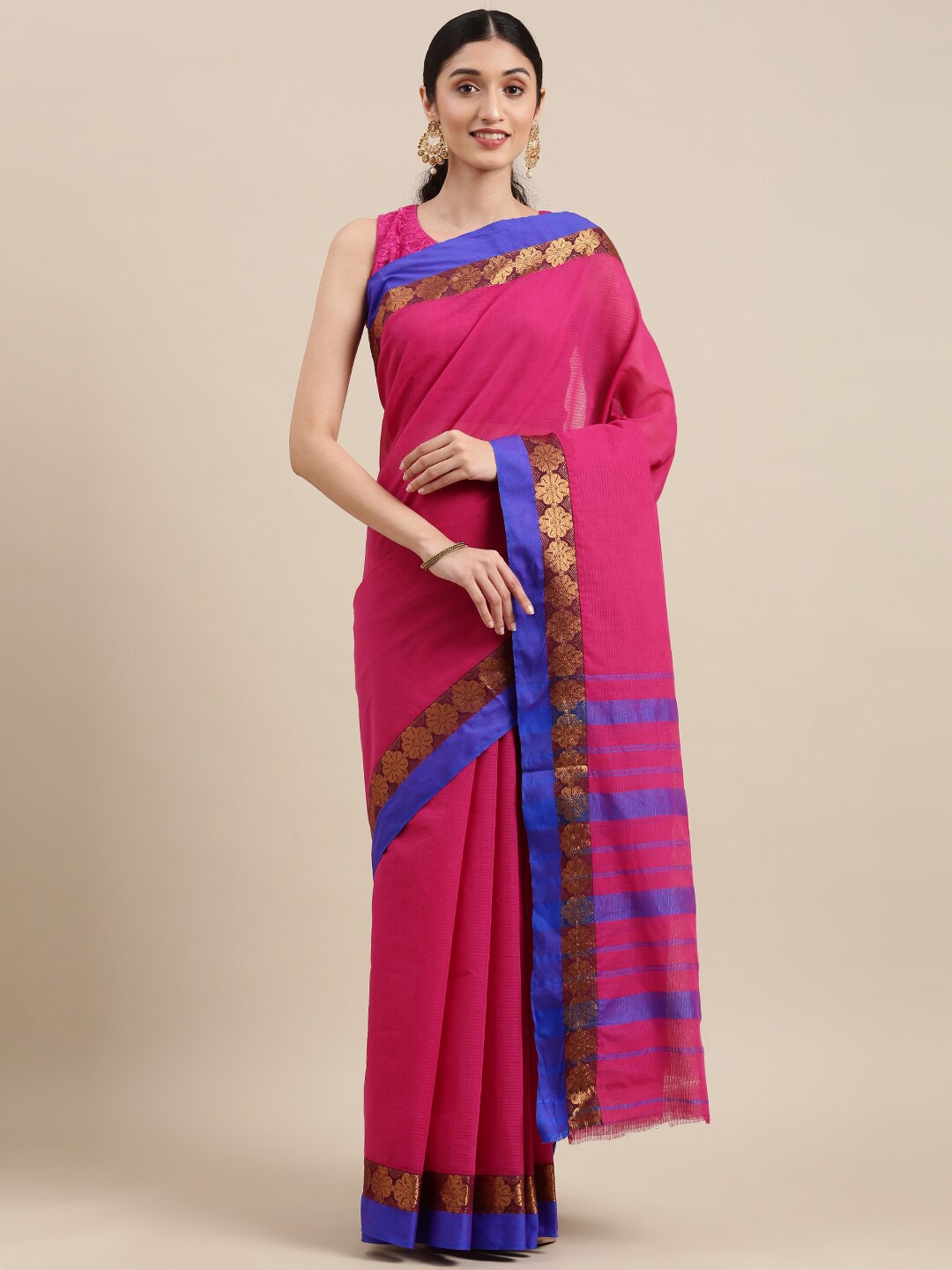 

Pavechas Zari Pure Cotton Chanderi Saree, Pink