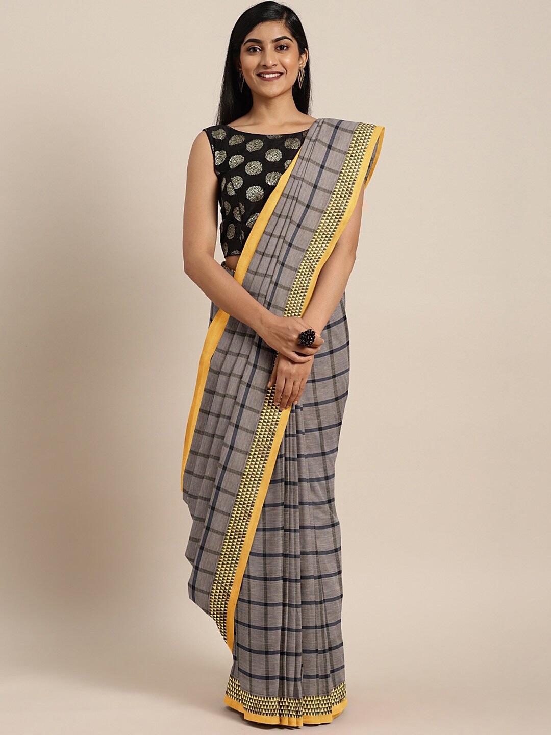 

Pavechas Checked Pure Cotton Venkatgiri Saree, Grey