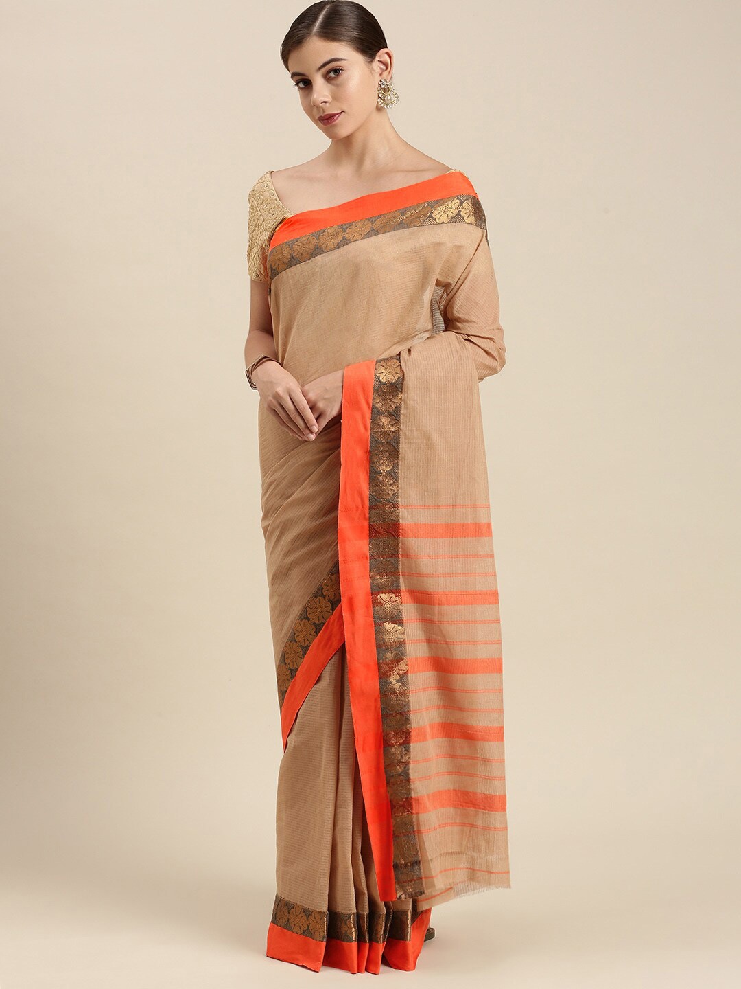 

Pavechas Striped Zari Pure Cotton Chanderi Saree, Beige