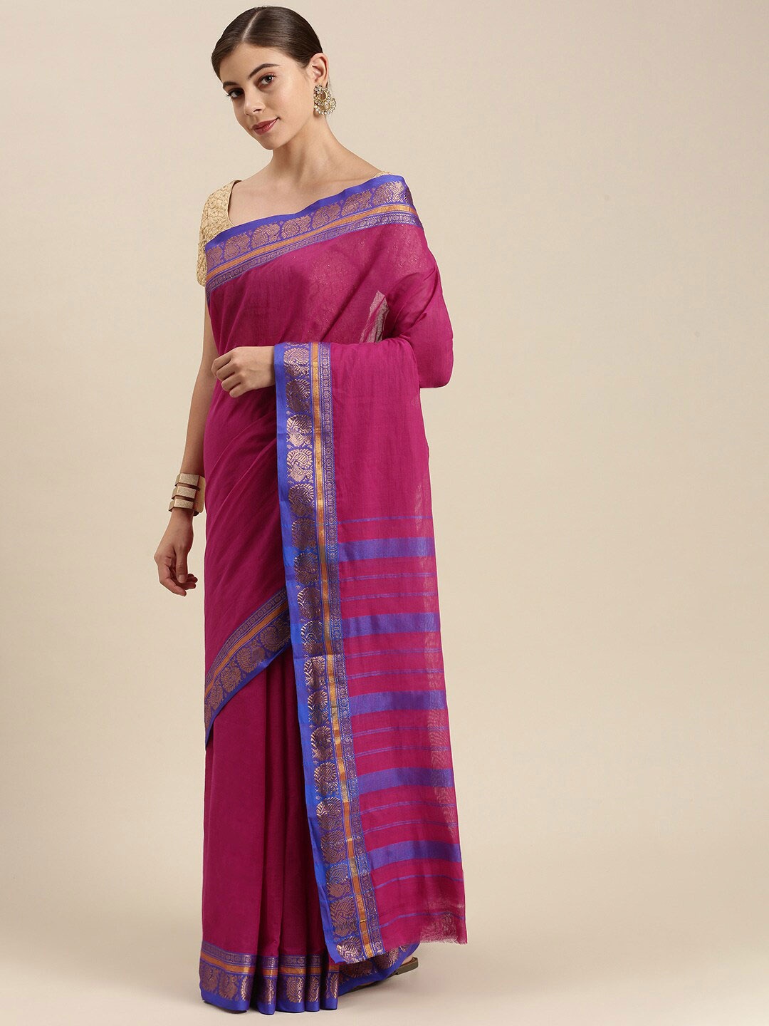 

Pavechas Zari Pure Cotton Chanderi Saree, Pink