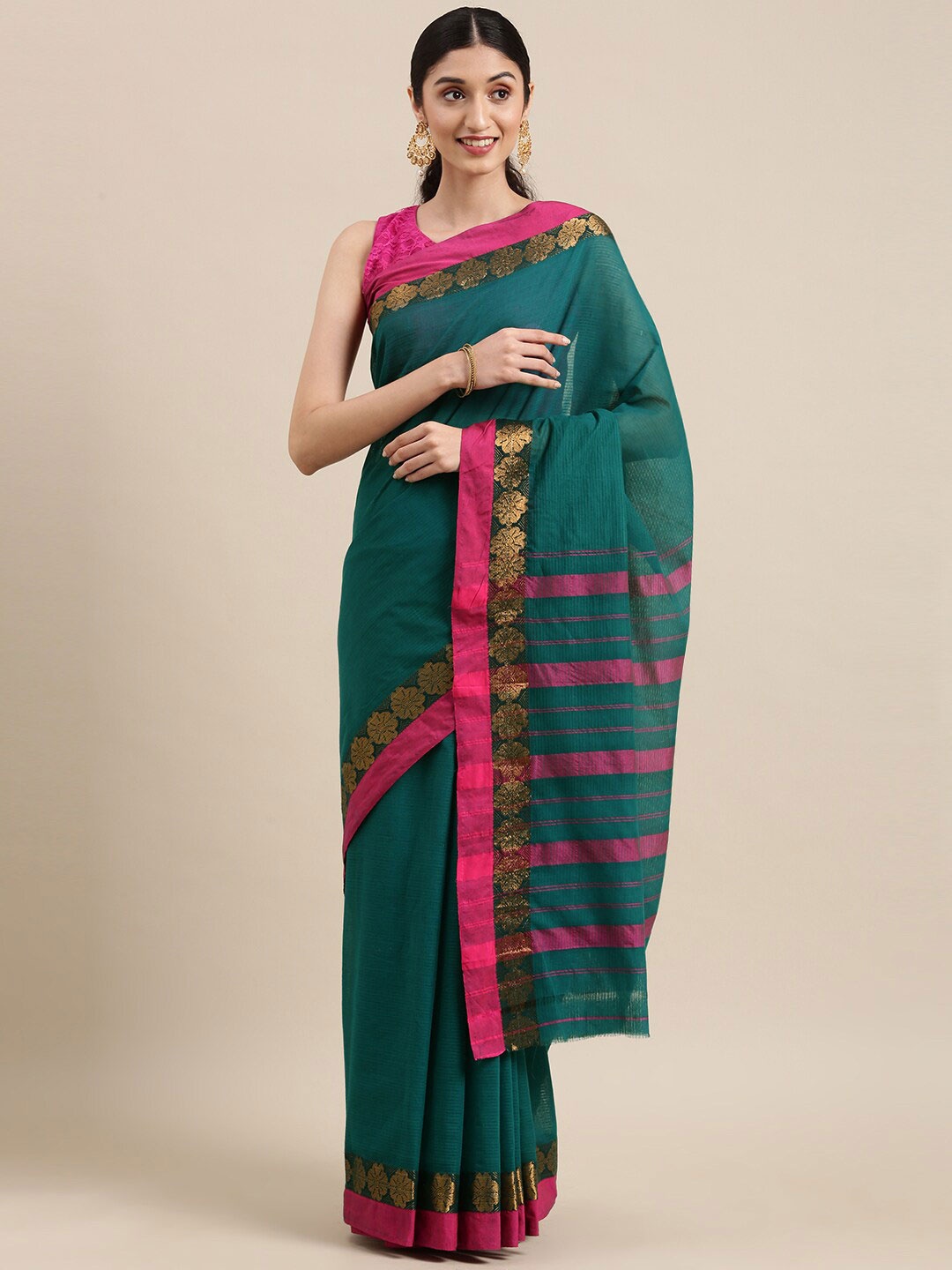 

Pavechas Checked Zari Pure Cotton Chanderi Saree, Teal