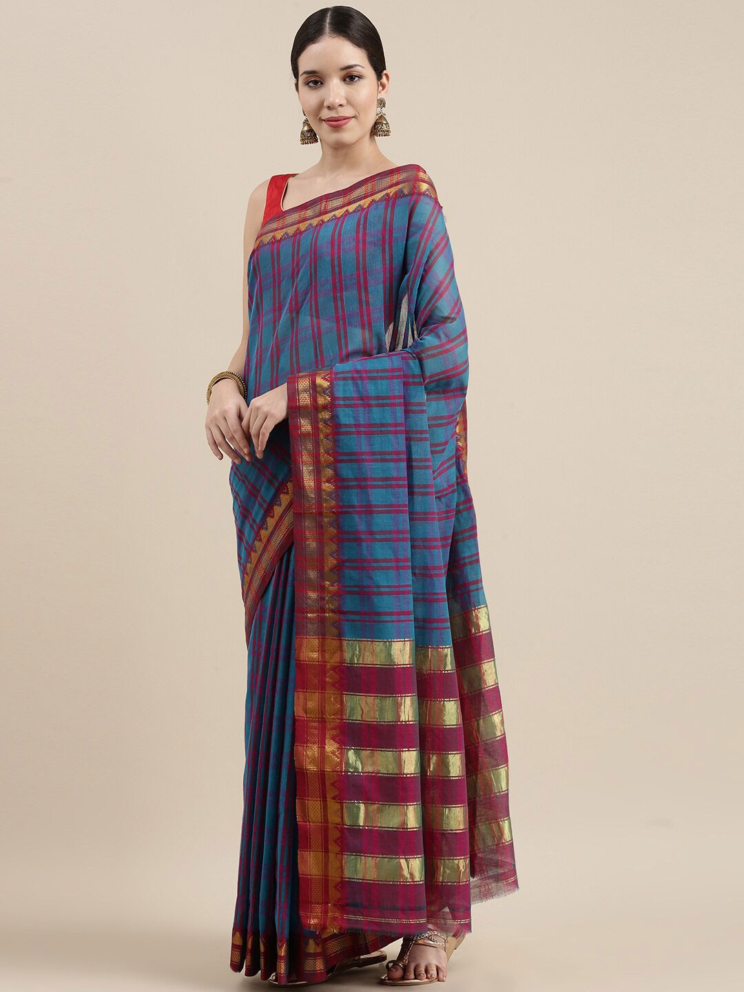 

Pavechas Checked Zari Pure Cotton Dharmavaram Saree, Blue