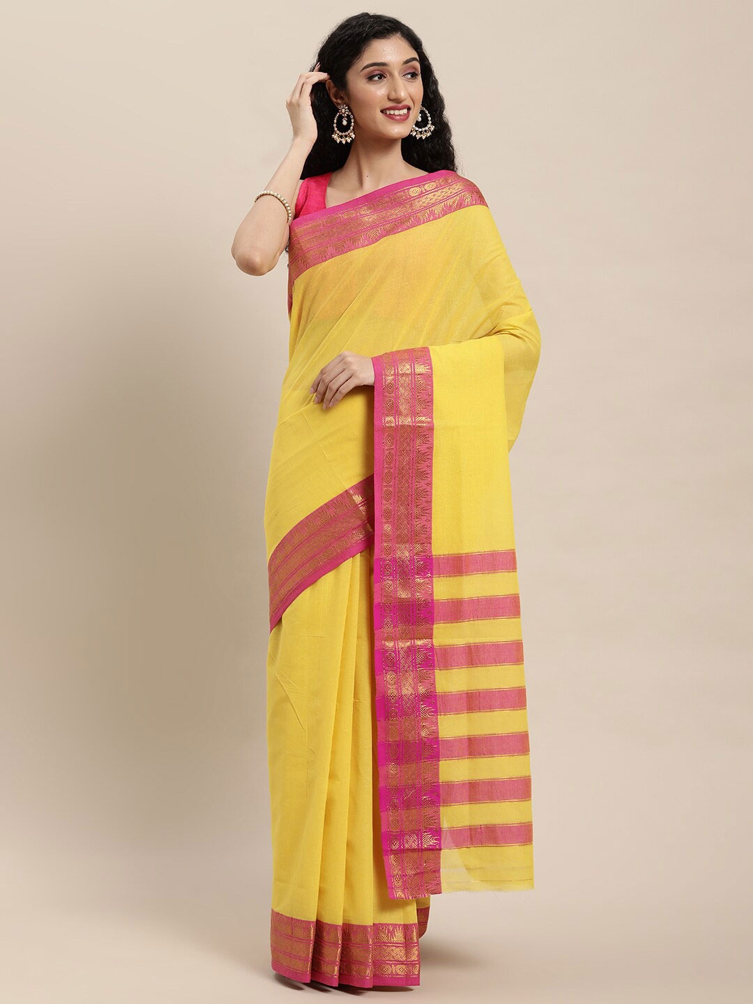 

Pavechas Zari Pure Cotton Venkatgiri Saree, Yellow