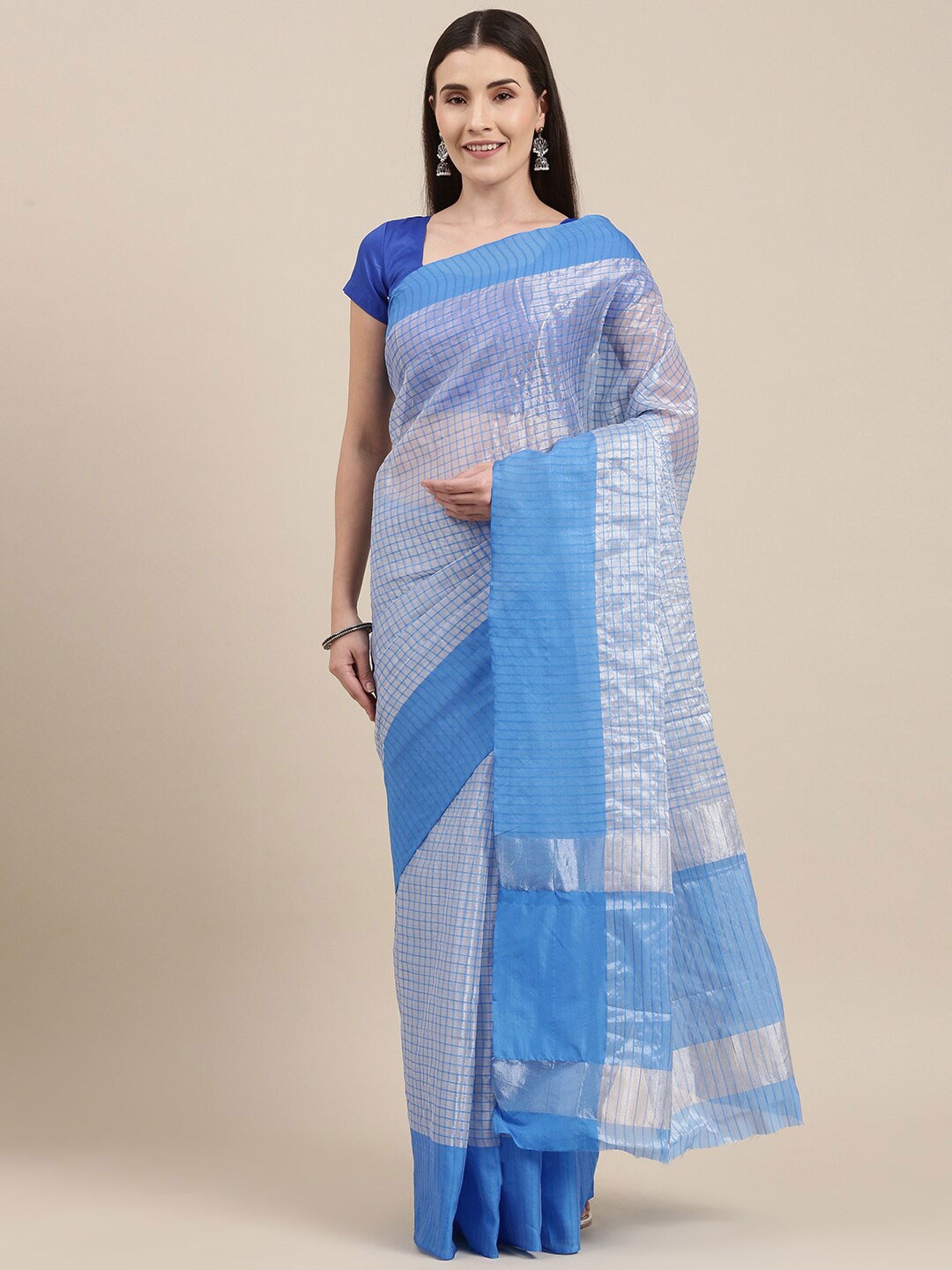 

Pavechas Checked Zari Saree, Grey