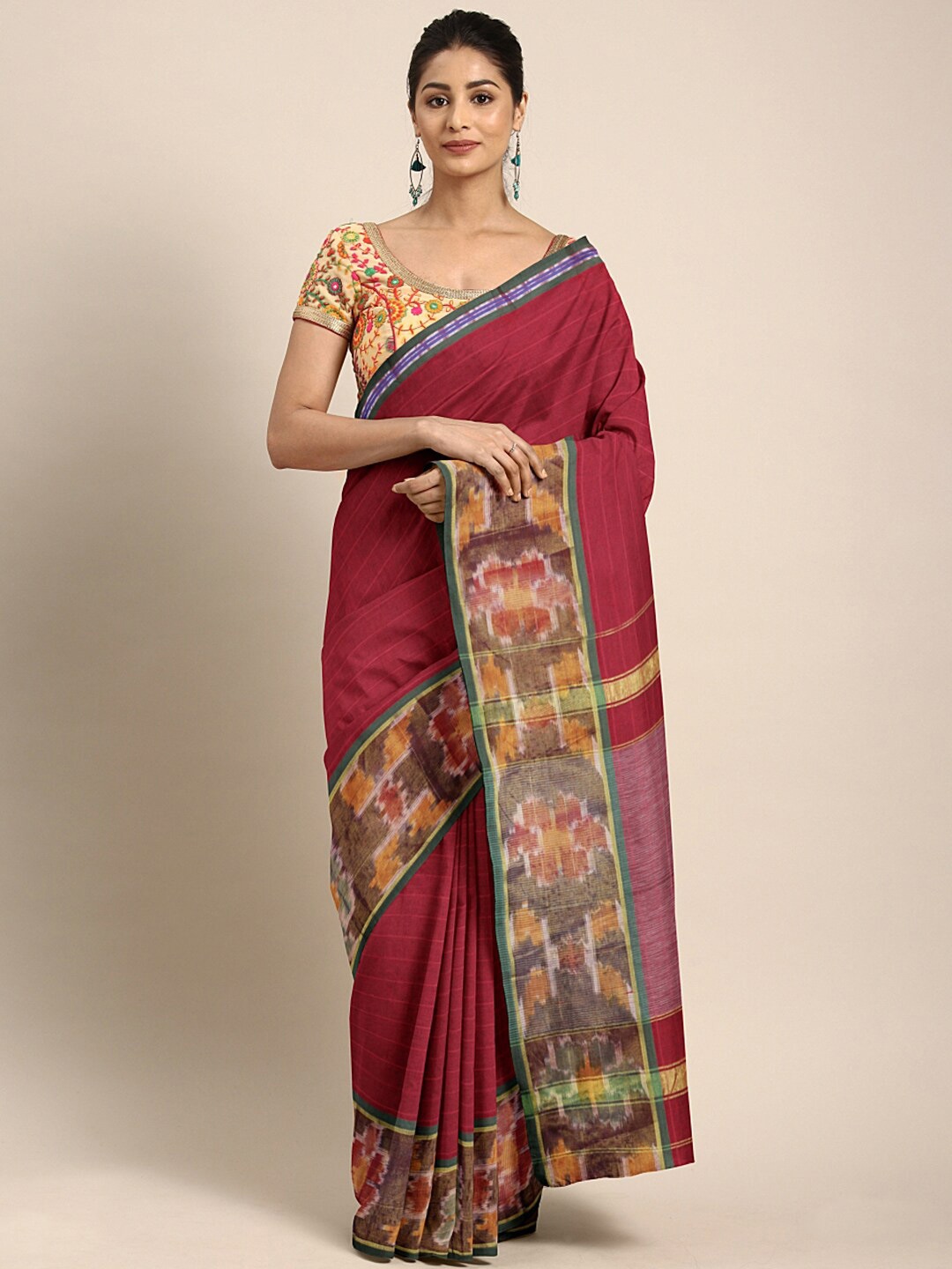 

Pavechas Striped Pure Cotton Pochampally Saree, Maroon