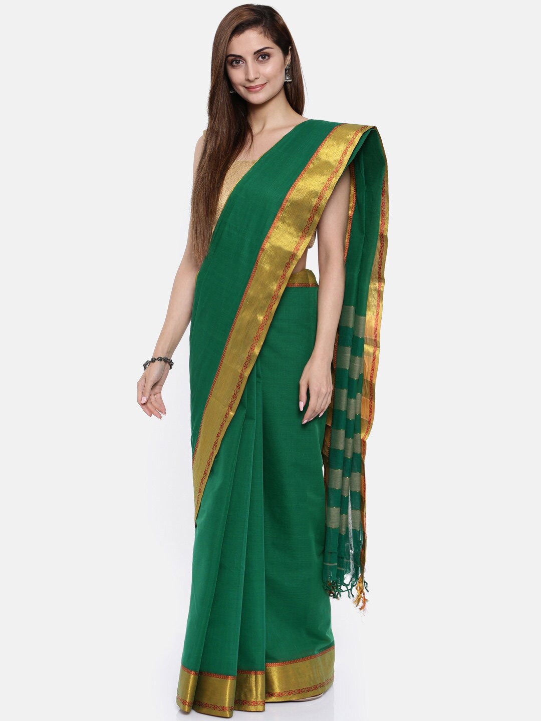 

Pavechas Zari Pure Cotton Venkatgiri Saree, Green