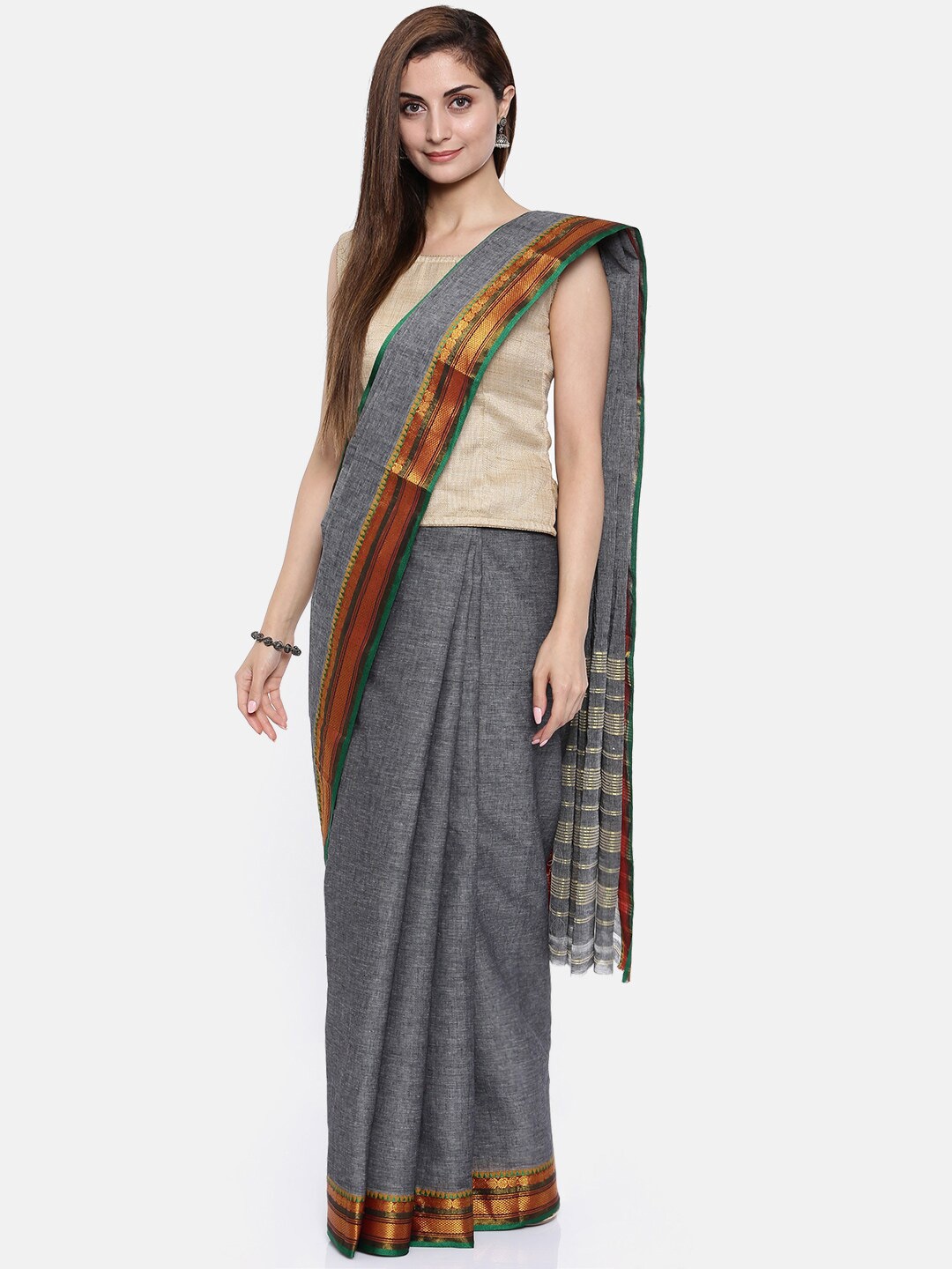

Pavechas Woven Design Bordered Zari Pure Cotton Venkatgiri Saree, Grey