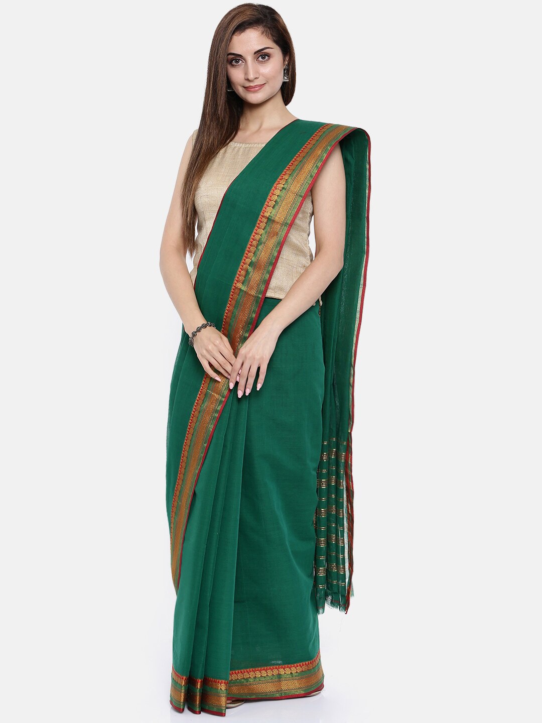 

Pavechas Zari Pure Cotton Venkatgiri Saree, Green