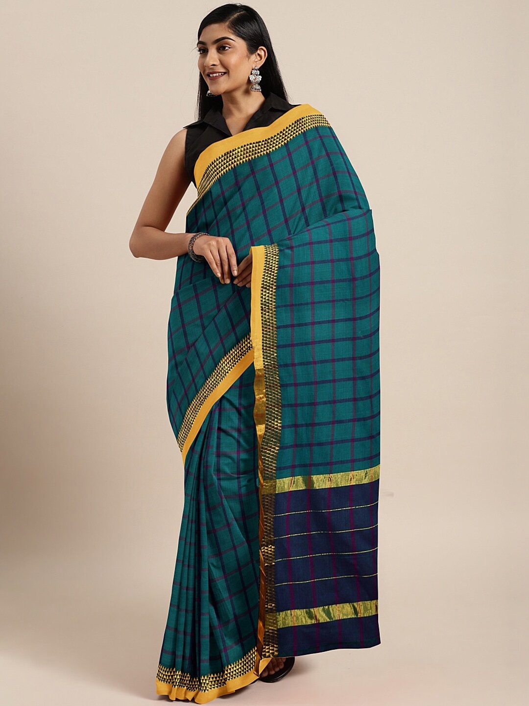 

Pavechas Checked Zari Pure Cotton Venkatgiri Saree, Green