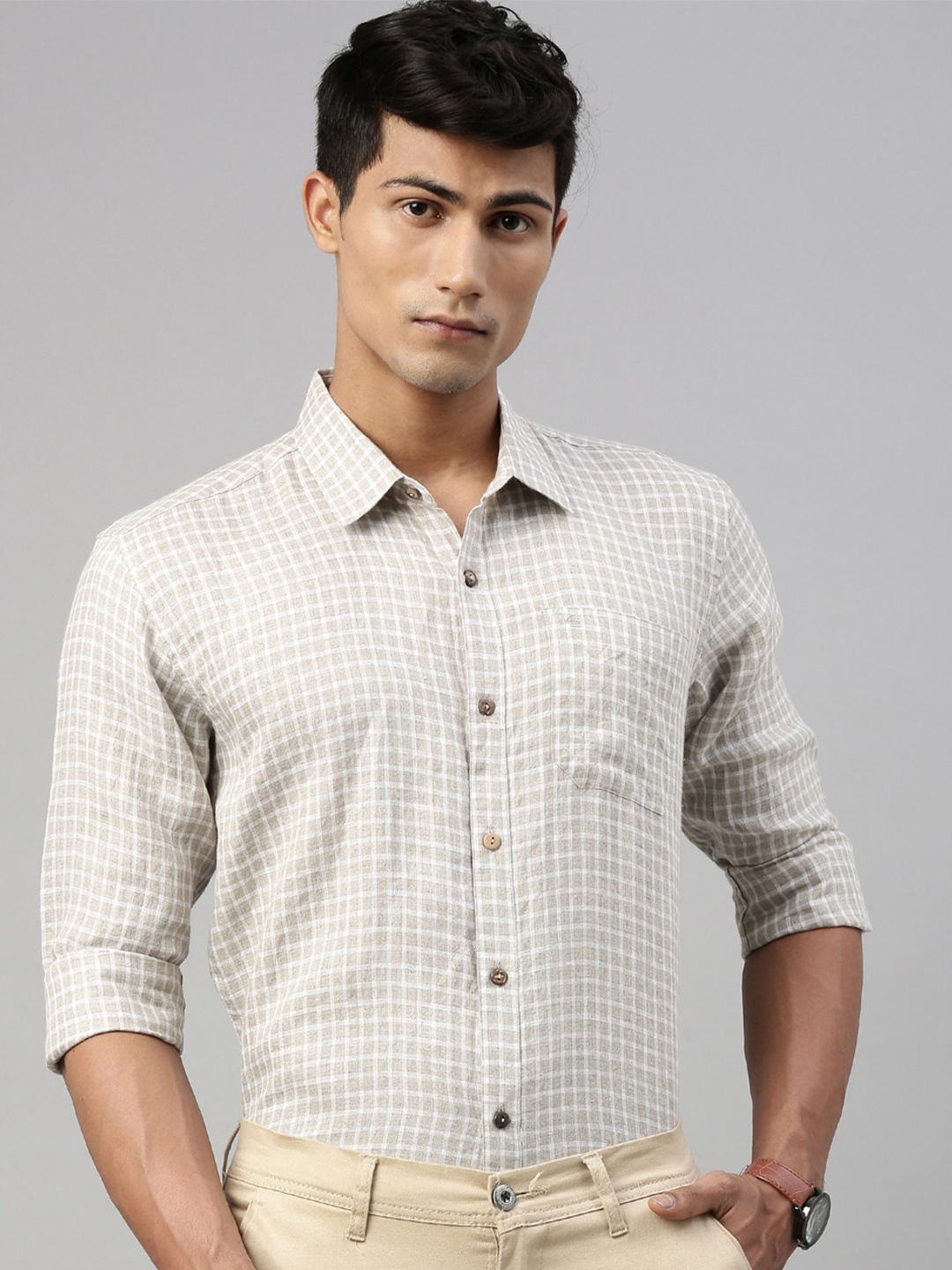 

Ecentric Men Grid Tattersall Checked Full Sleeve Hemp Shirt, Beige