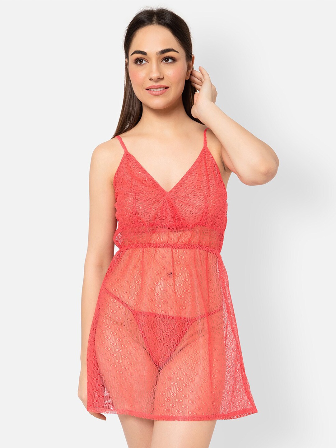 

Clovia Chic Basic Semi-Sheer Lace Detail Net Babydoll with G-String, Pink