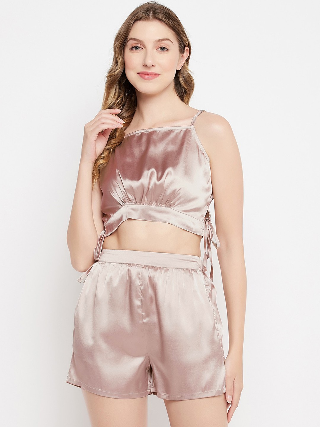 

Clovia Chic Basic Crop Top & Shorts Set, Beige