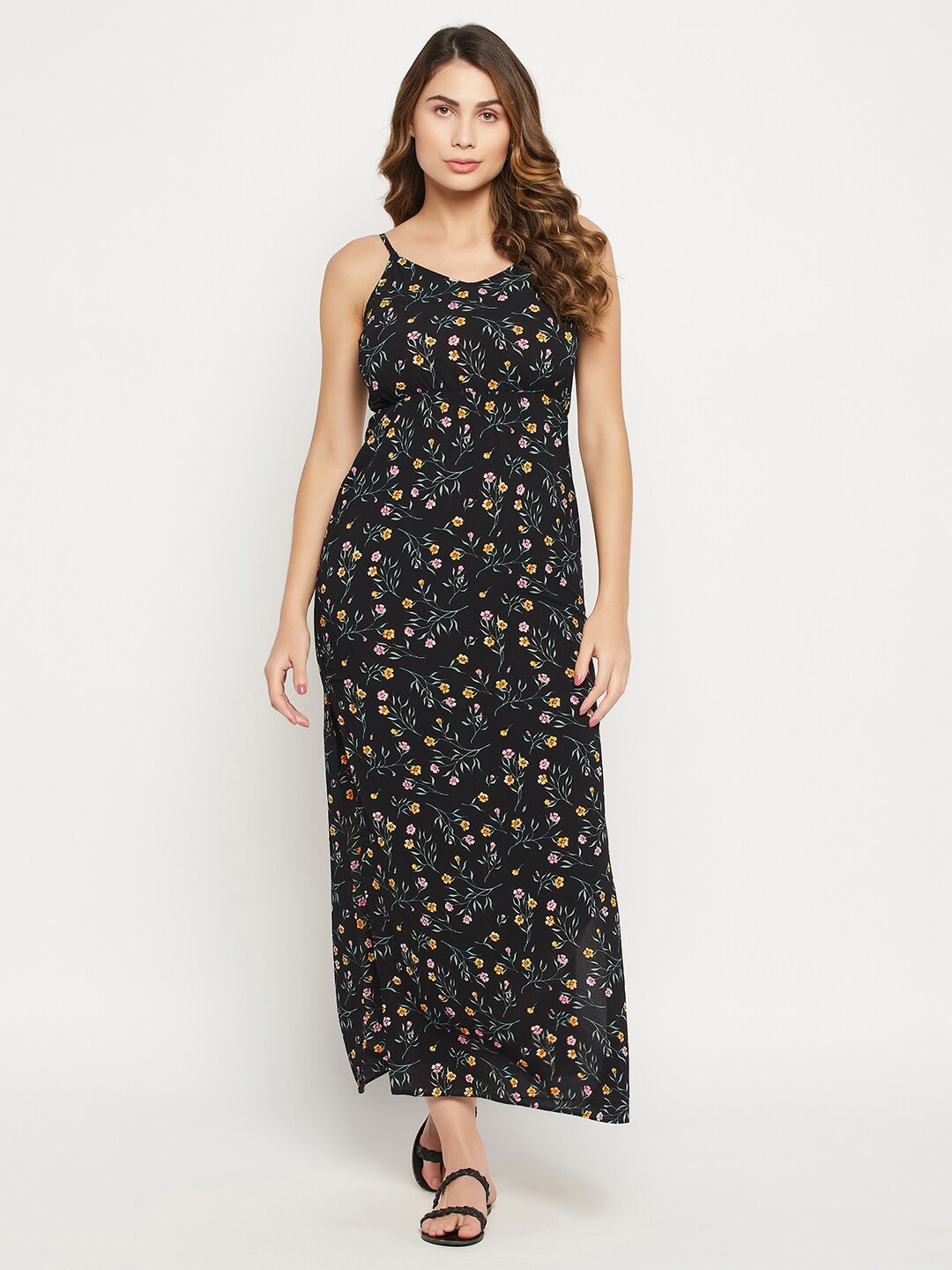 

Clovia Pretty Florals Printed Crepe Maxi Resort Wear Dress, Black