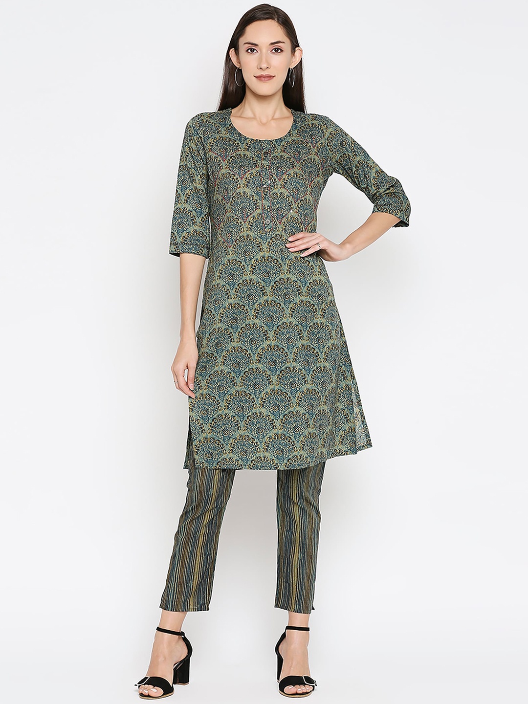 

Jevi Prints Ethnic Motifs Printed Pure Cotton Kurta with Trousers, Grey