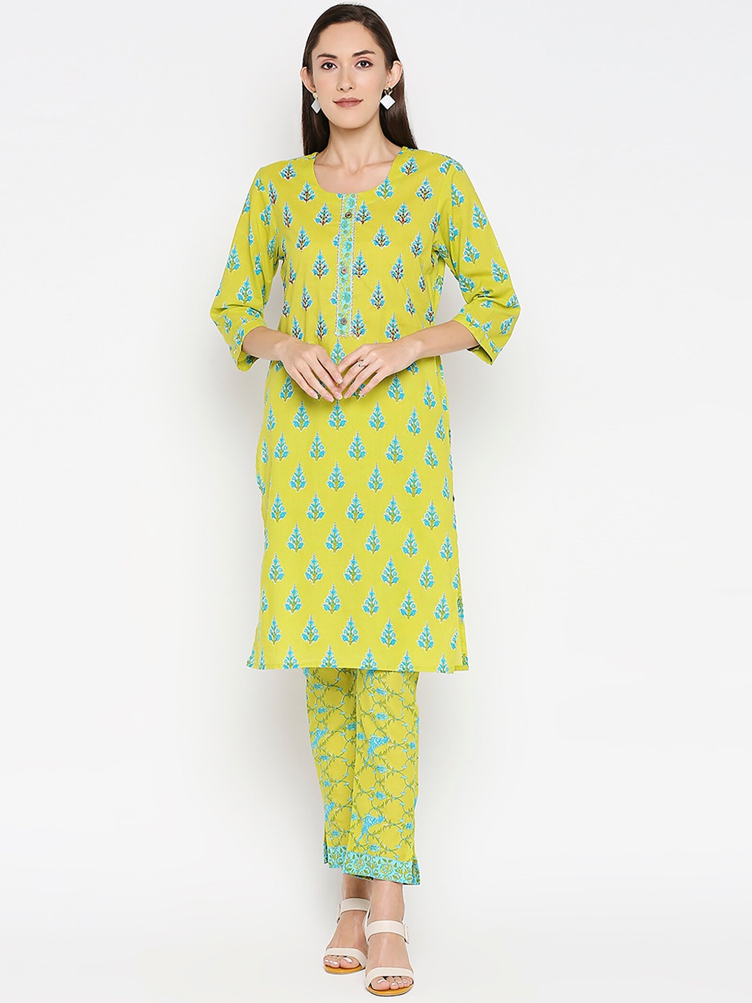

Jevi Prints Ethnic Motifs Printed Pure Cotton Kurta with Trousers Set, Yellow