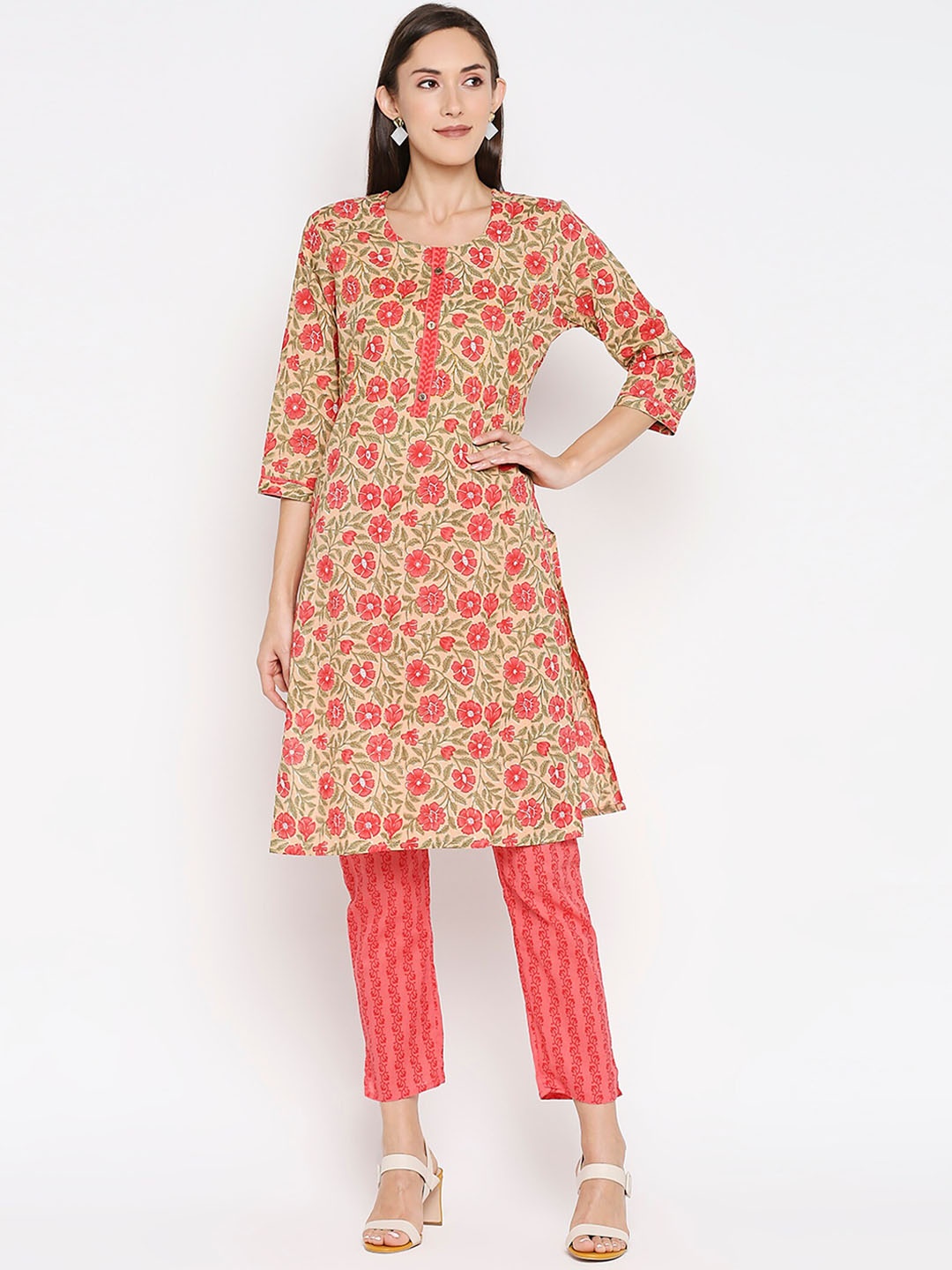 

Jevi Prints Floral Printed Pure Cotton Kurta with Trousers Set, Beige