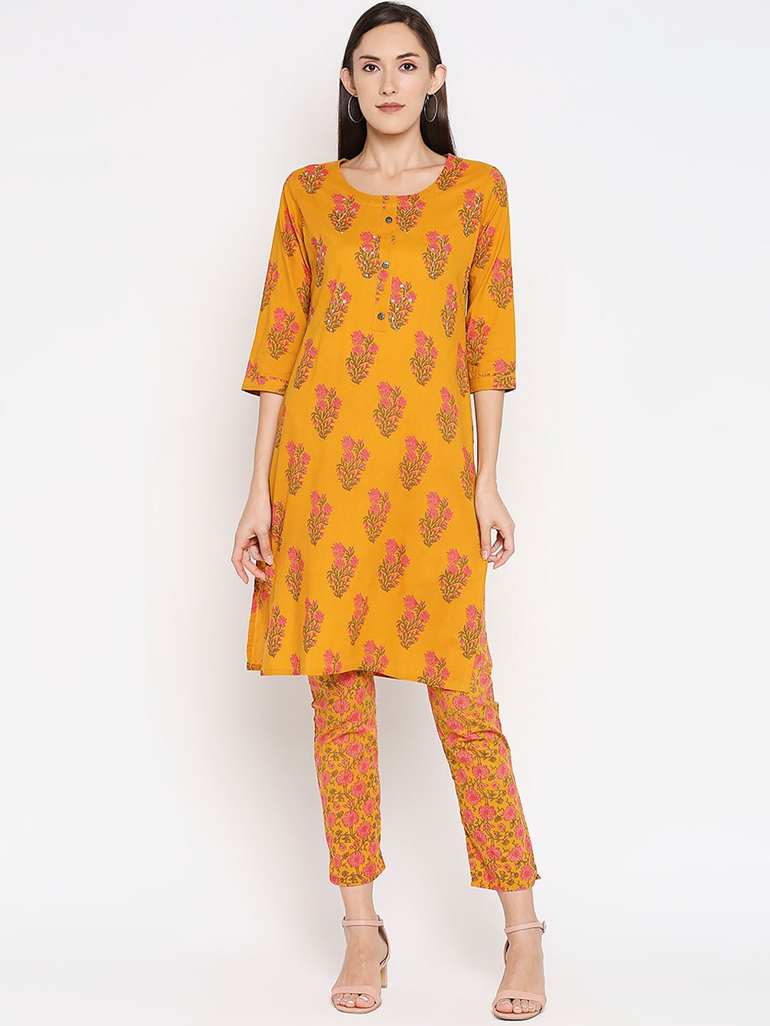 

Jevi Prints Women Floral Printed Pure Cotton Kurta with Trousers, Mustard