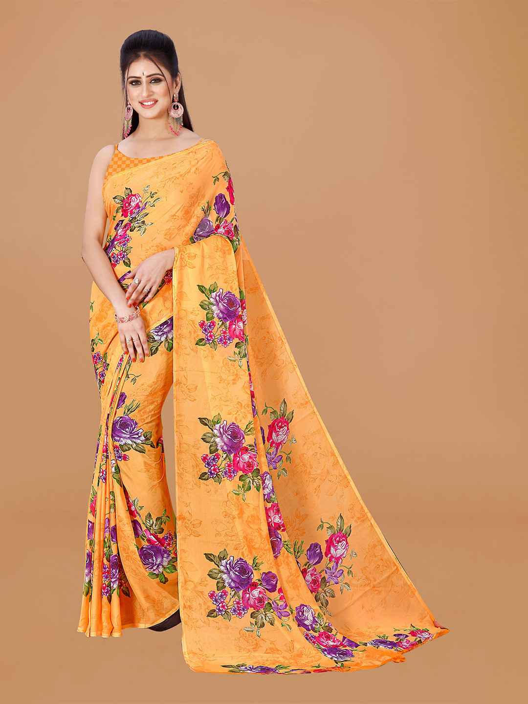 

KALINI Floral Printed Pure Georgette Saree, Orange
