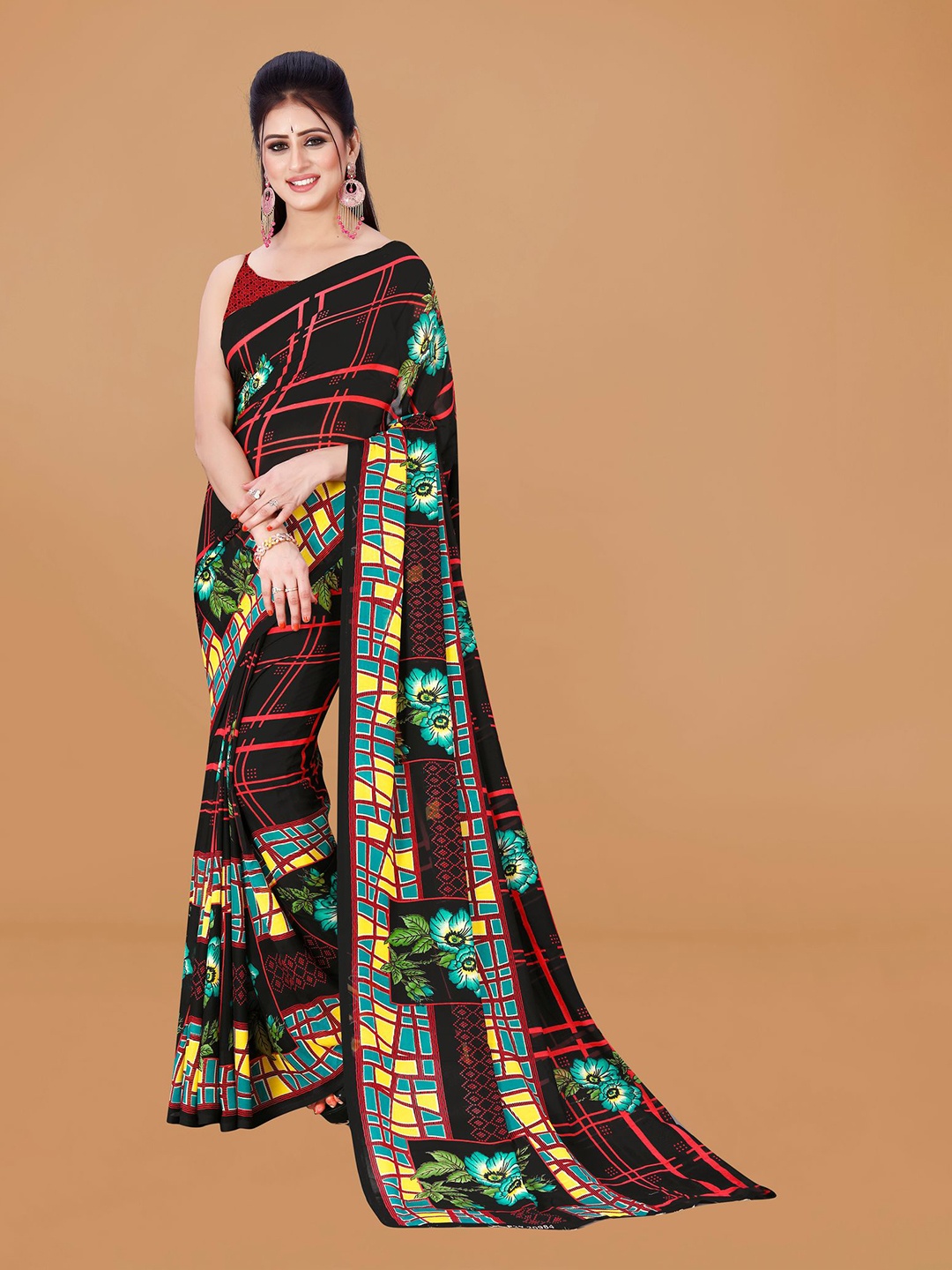 

KALINI Floral Pure Georgette Saree, Black