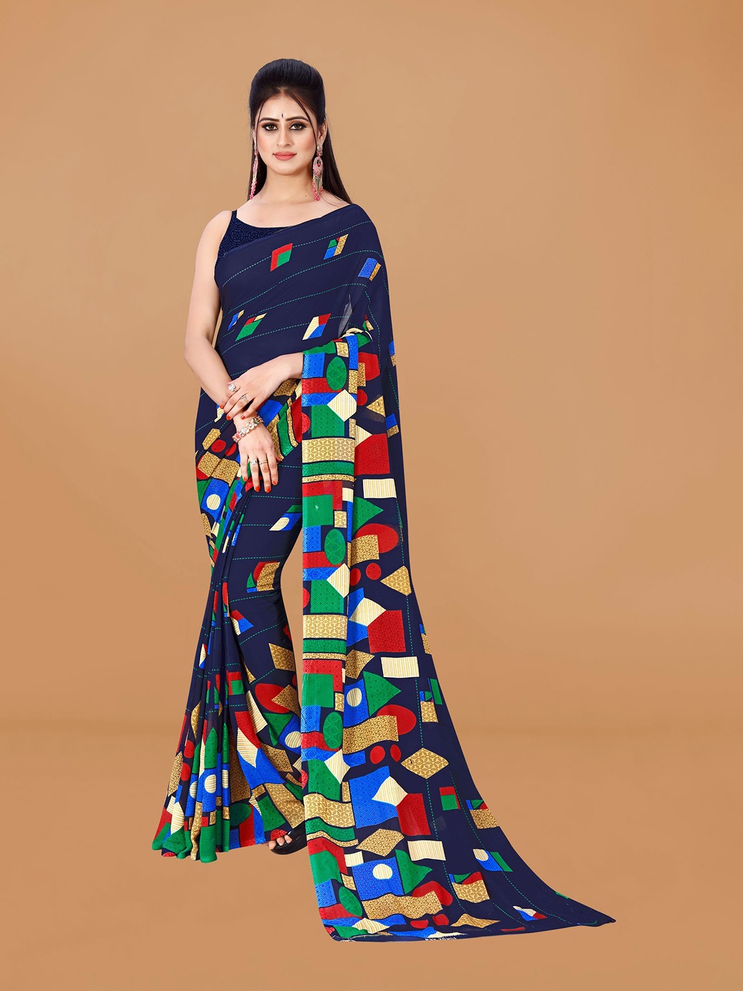 

KALINI Geometric Printed Pure Georgette Saree, Navy blue