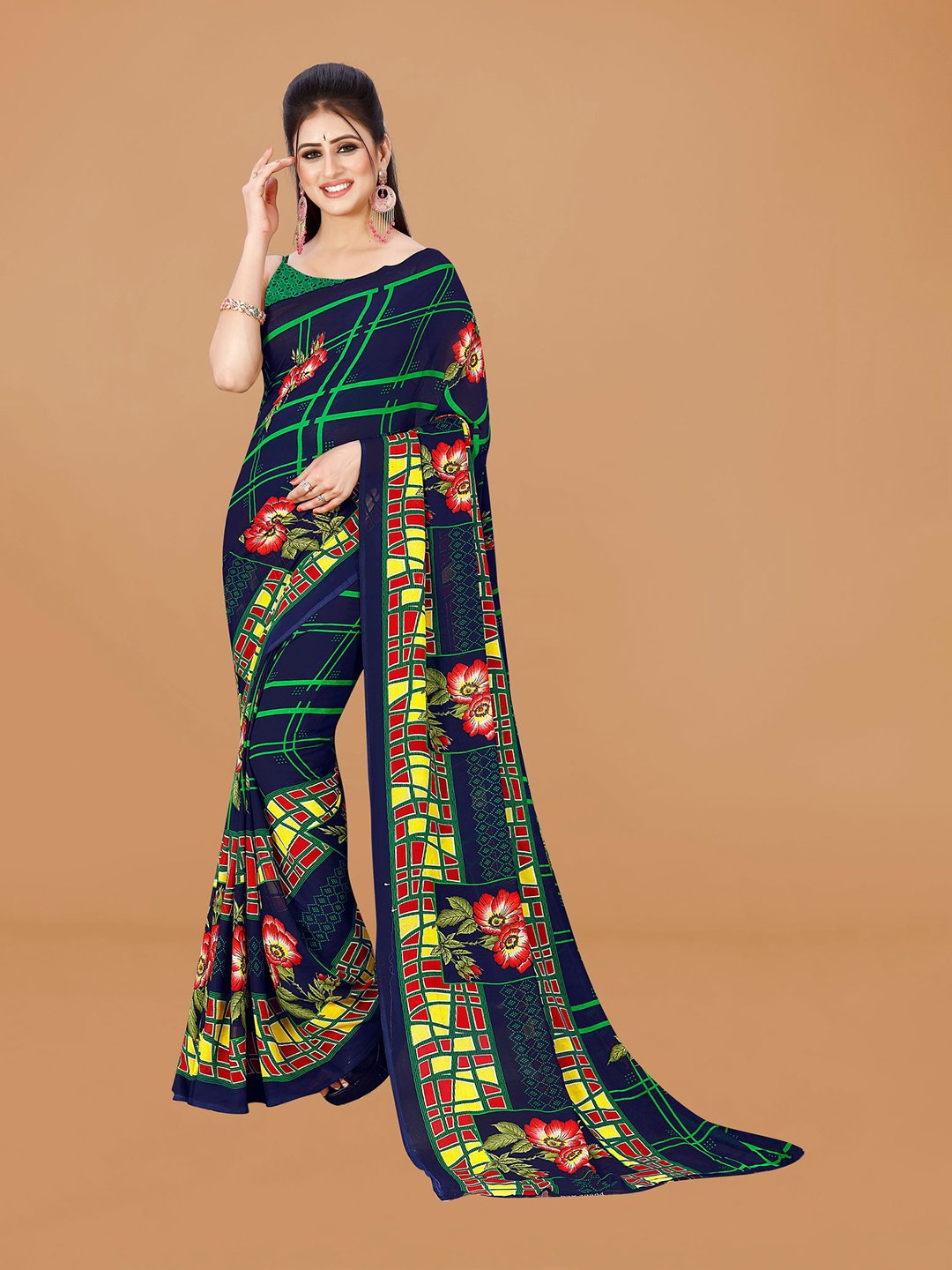 

KALINI Floral Pure Georgette Saree, Navy blue