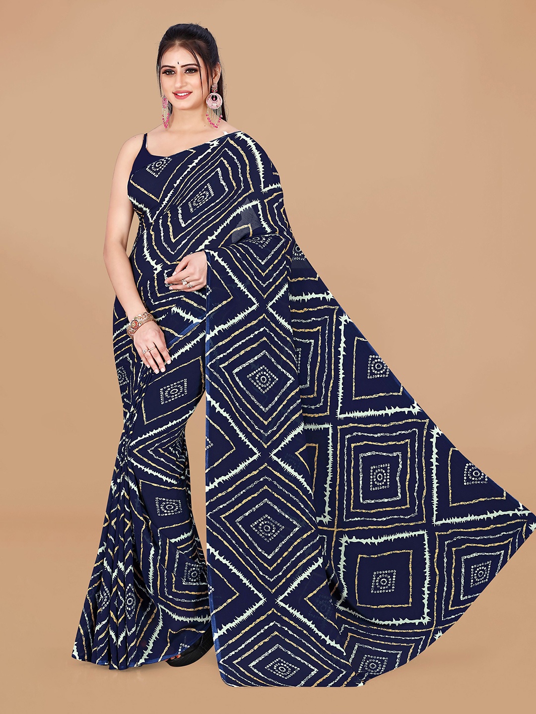 

ANAND SAREES Bandhani Pure Georgette Saree, Navy blue
