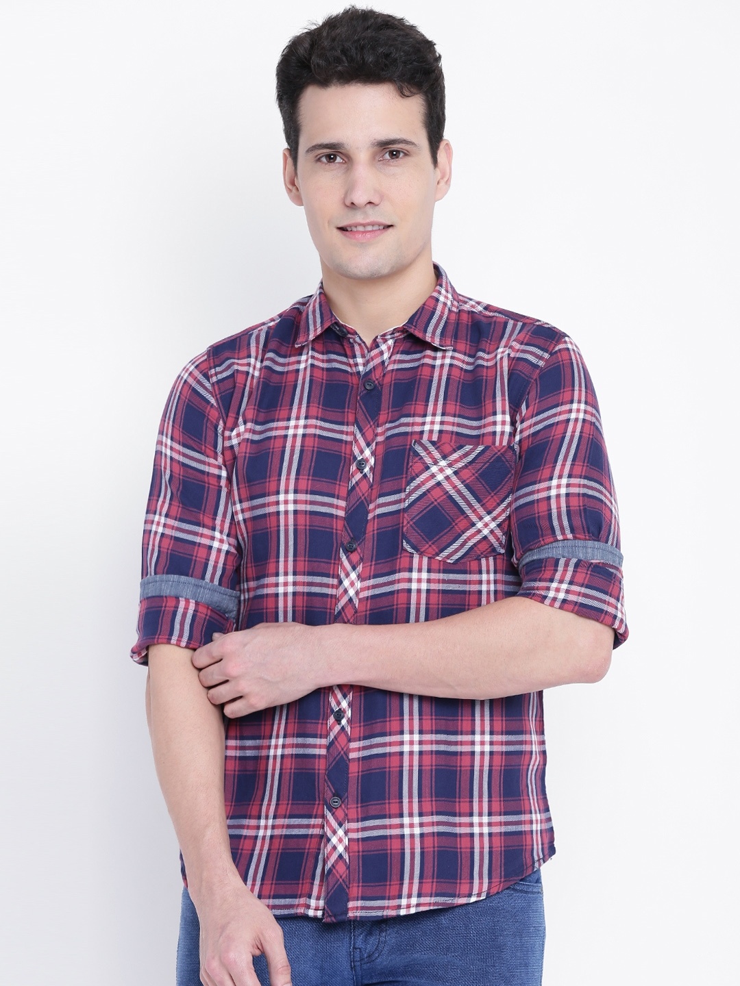

Pepe Jeans Men Navy Blue & Pink Checked Casual Shirt